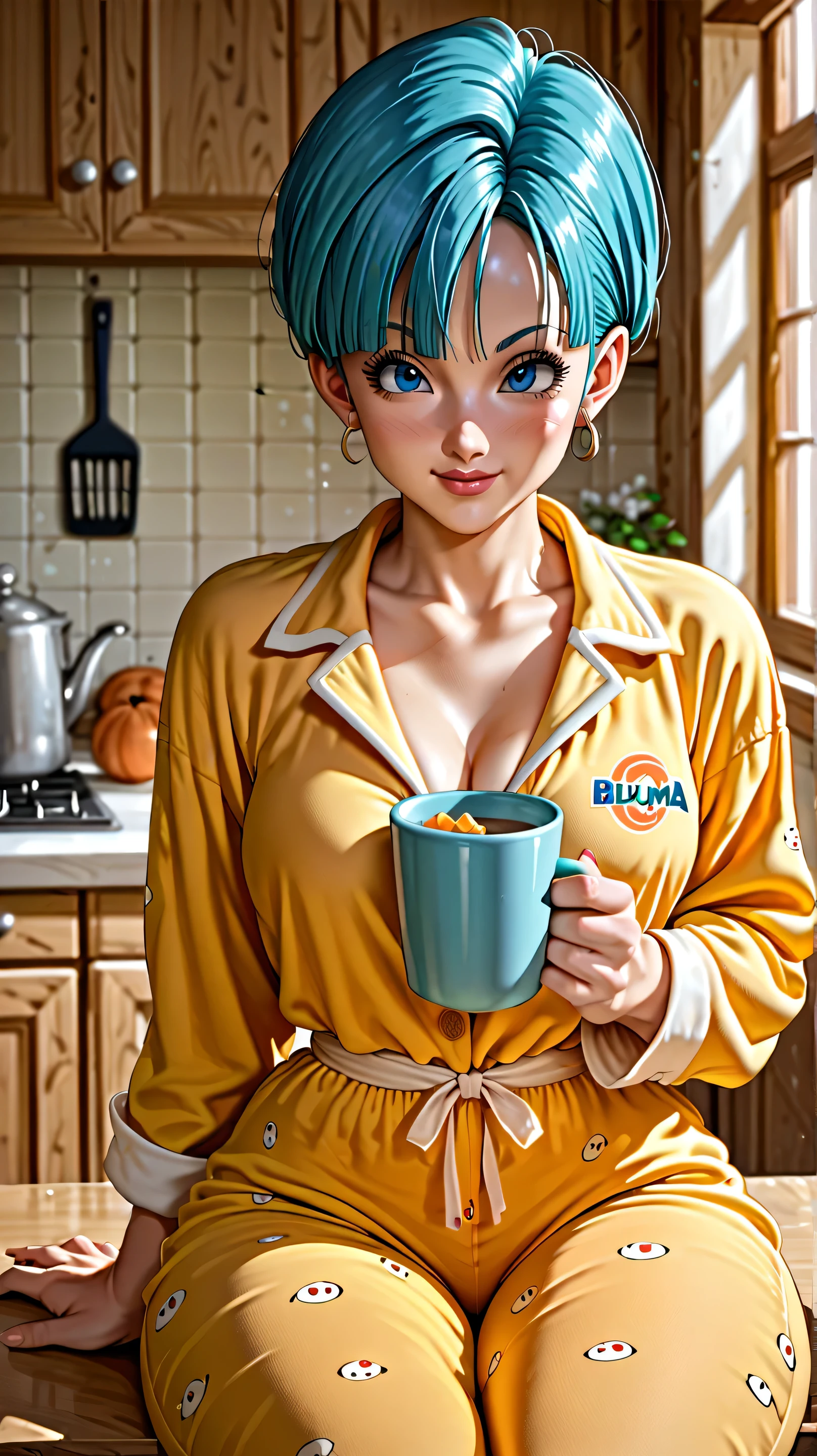 Masterpiece, Bulma from Dragon Ball (horny face expression), (wearing sexy tight pajamas), thick thighs, wide hips, alone, no wolves, comics, fantasy, sfw, onis, sitting, holding a cup, kitchen background of a house