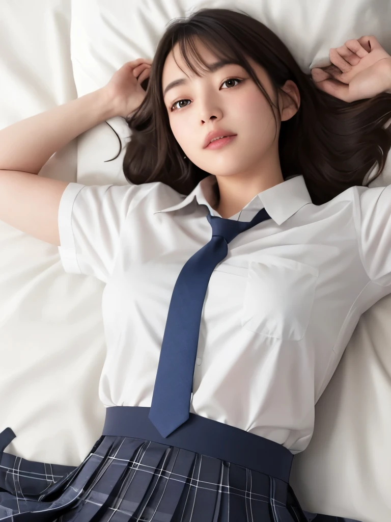 (masterpiece:1.2), super high quality, japanese girl, (super realistic), (super photographic style), 1girl, ((full body)), at noon, fine day, straight hair, (18 years old), (((legs))), large tits, (cute face), (((school uniform))), lying on her back on a bed, head on the pillows, view from sky above, ((closed eyes)), ((legs spread)), both hands on her head, 