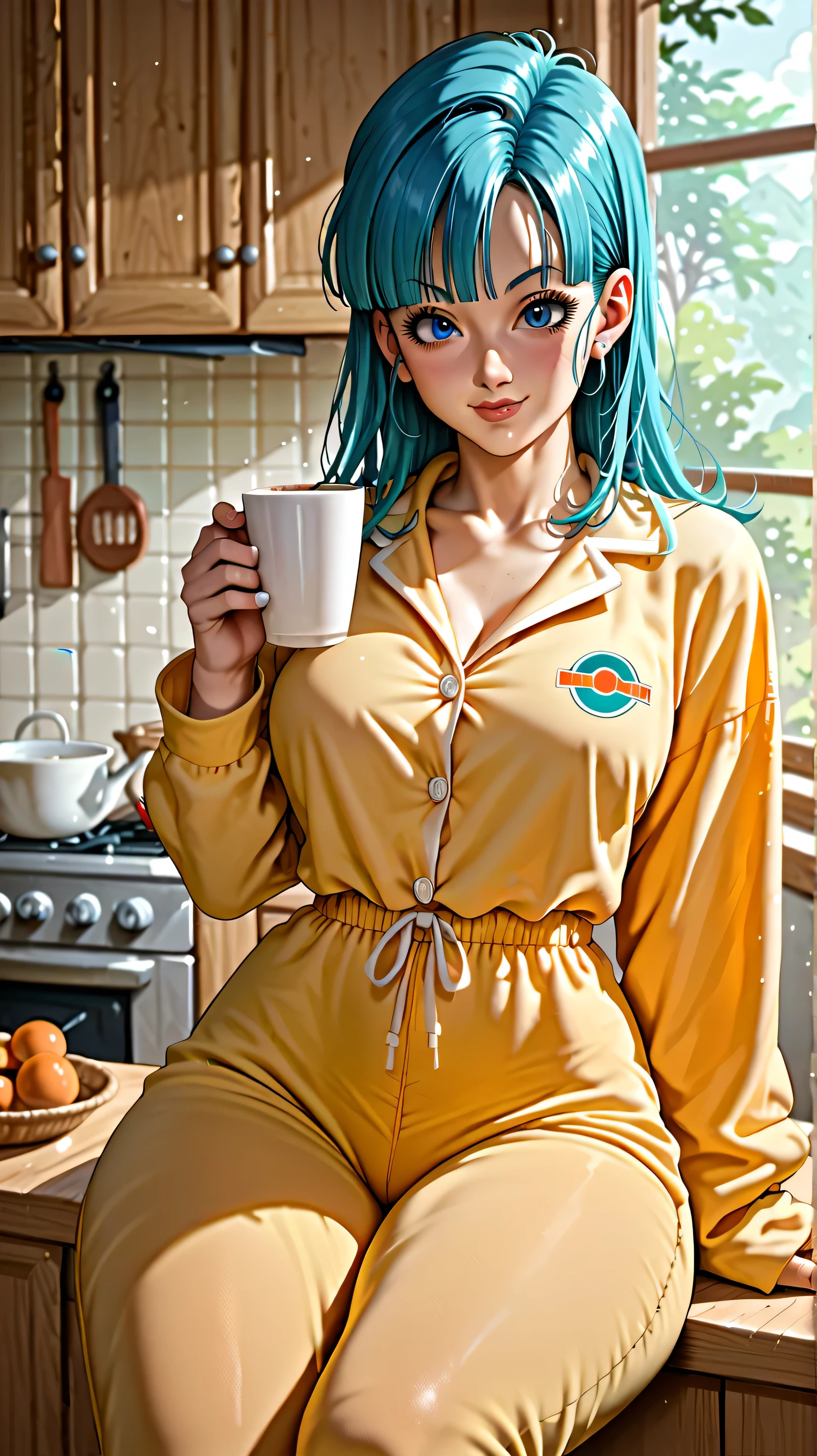 Masterpiece, Bulma from Dragon Ball (horny face expression), (wearing sexy tight pajamas), thick thighs, wide hips, alone, no wolves, comics, fantasy, sfw, onis, sitting, holding a cup, kitchen background of a house