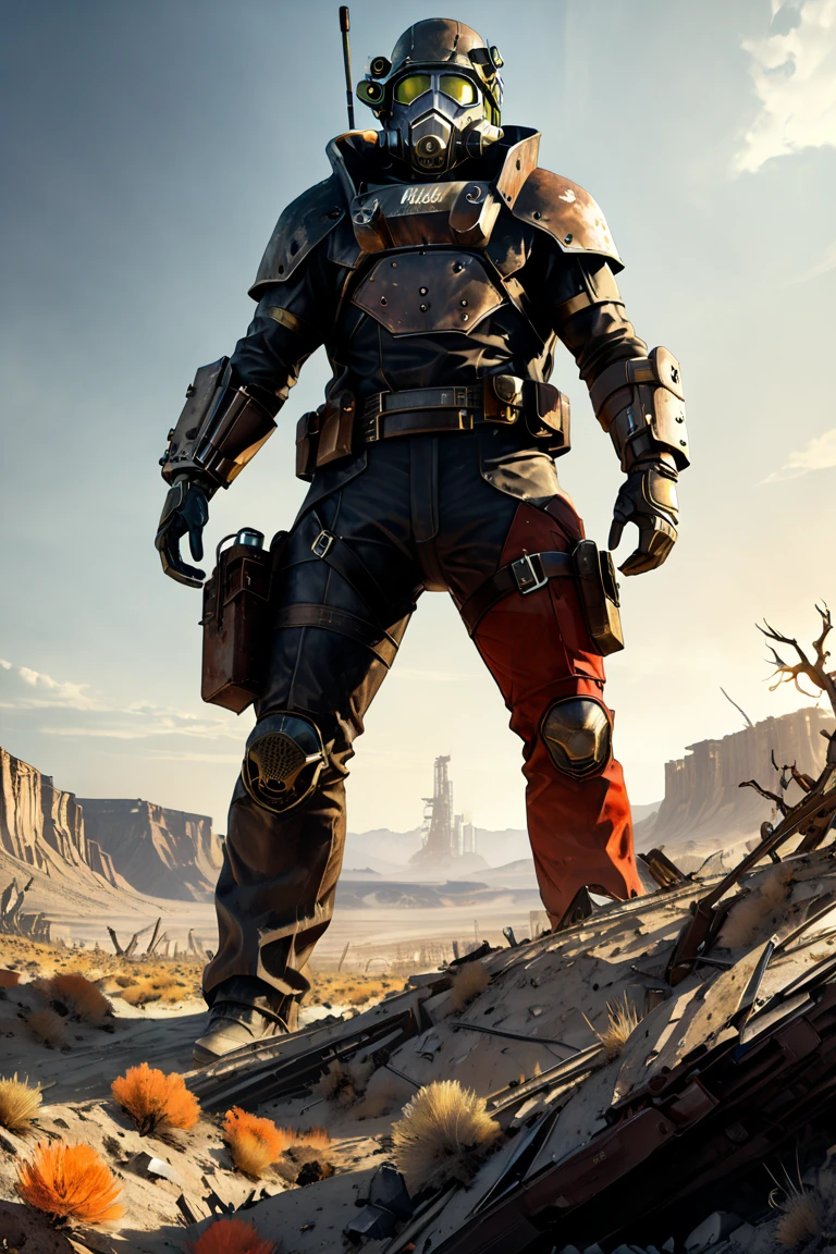  Game "Fallout New Vegas",1men athletic wearing a post apocalyptic suit, red colored suit and black stripes on his arms, low angles, (from below angle). Post apocalyptic scenario, desolate atmosphere, dystopian landscape, weapon,  badland landsacpe wilderness, (Masterpiece, Best Quality, professional, perfect composition, very aesthetic, absurdities, ultra detailed, intricate details:1.3), In a post-apocalyptic and retro-futuristic world in the mid-22nd century, nine decades after a nuclear war, The entire world was hit by multiple nuclear attacks, and the world and its entire ecosystem was irrevocably changed for centuries to come. Fallout takes as its sources the science fiction and superhero magazines and comics of the 1950s.