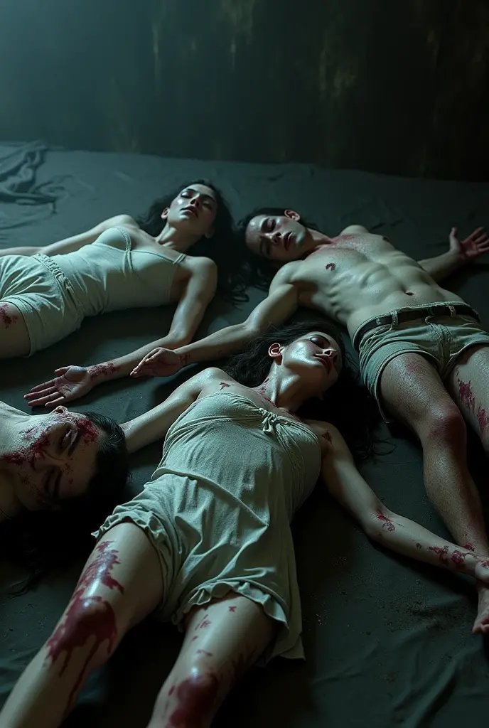 Four bodies lying on the ground in a terrifying state, women and men.