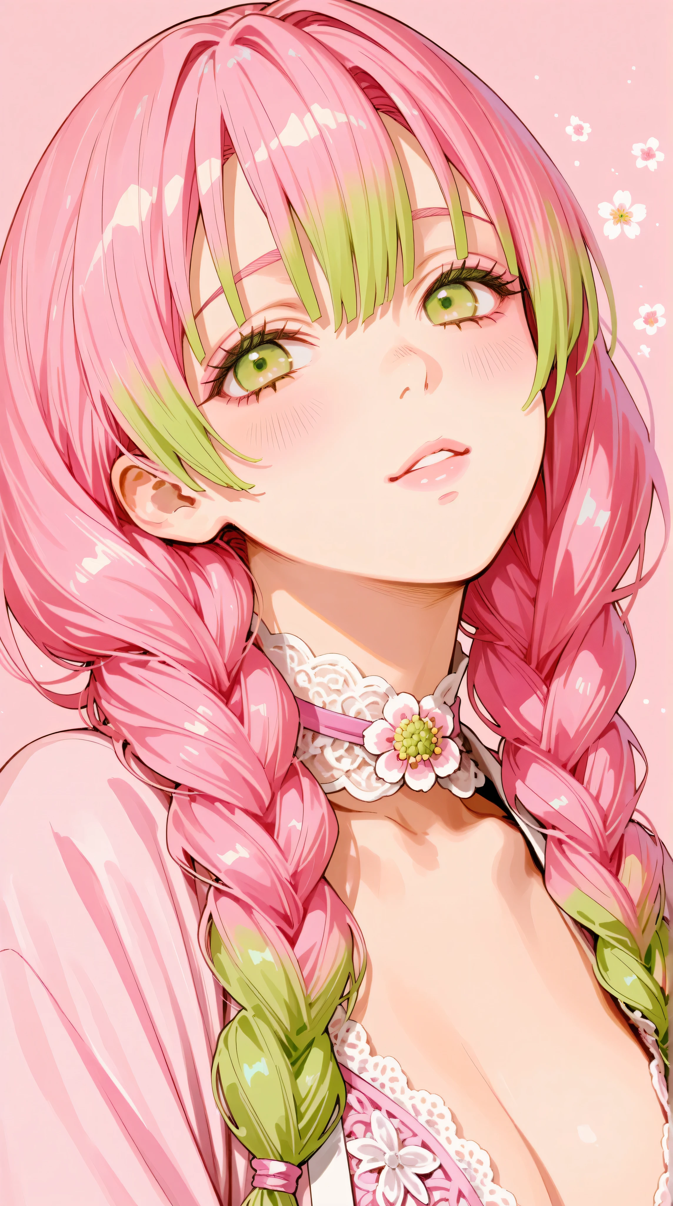 Convert your flower art into a hand-drawn illustration.、Create backgrounds with vibrant colors and unique touches The type of flower is statice、Gypsophila、sweet pea、Mix in some lace flowers, portrait, face portrait, big breasts, cleavage, pink hair, green eyes, (green highlights), green braids,