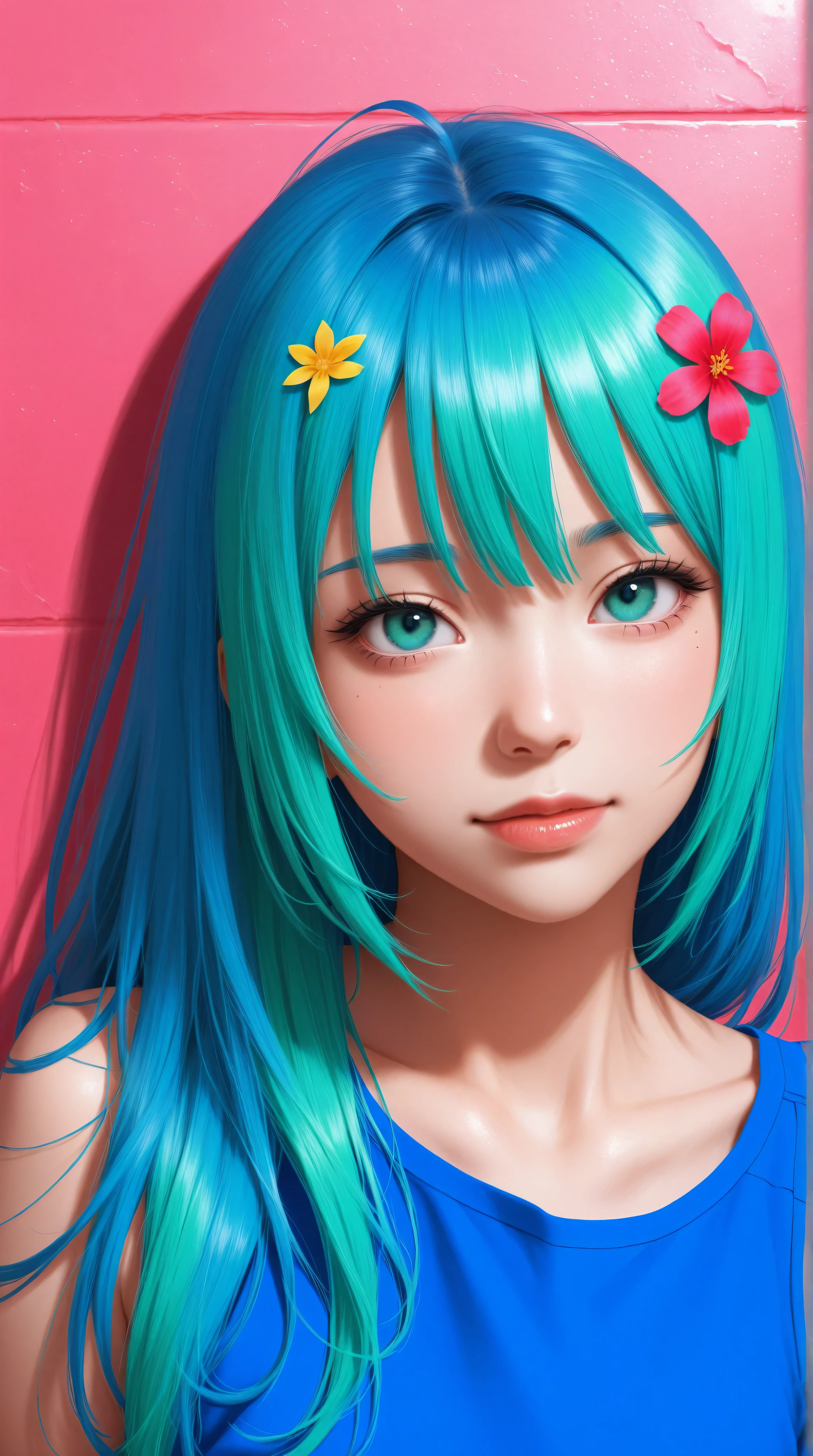 Girl with bright hair blue coat smiling and looking into camera,full bodyesbian,fresh flowers,Fluttering petals,contrast color(best qualtiy) (complexdetails)