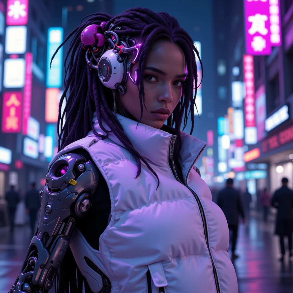 Realistic photo. cyborg, exosuit, mech, futuristic, a Sexy mexican fair skin girl with long untamed black and purple dreads, wearing an neon genesis evangelion style plugsuit, advanced futuristic exoskeleton, futuristic baroque and rococo cyberpunk, white puffer jacket, opulent gothic cyber church, neon lights, cinematic film still retro cyberpunk art by Keos Masons, -artistmedium-, art by Richard Gerstl, painting, vibrant, expressionism, emotive, psychological, intense, Street art, graffiti, vibrant colors, urban themes . 80's inspired, synthwave, neon, vibrant, detailed, retro futurism . shallow depth of field, vignette, highly detailed, high budget, bokeh, cinemascope, moody, epic, gorgeous, film grain, Grainy. iPhone. Complex composition. Dynamic poses. Flux 1.1 PRO, Mystic 2.5. Recraft. IMG_9631.HEIC.