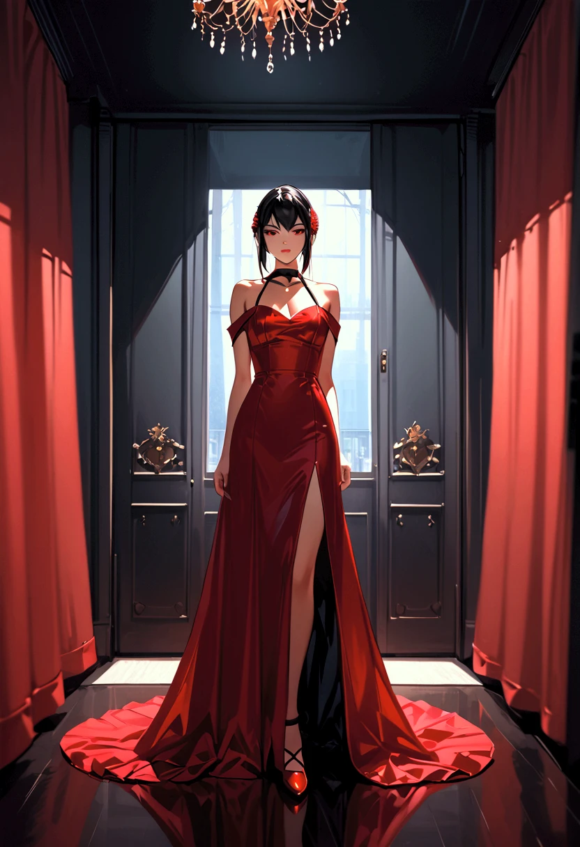 Yor Briar from Spy X Family, blood red eyes, raven black hair, red gala dress, crystal shoes, black shoker, room background