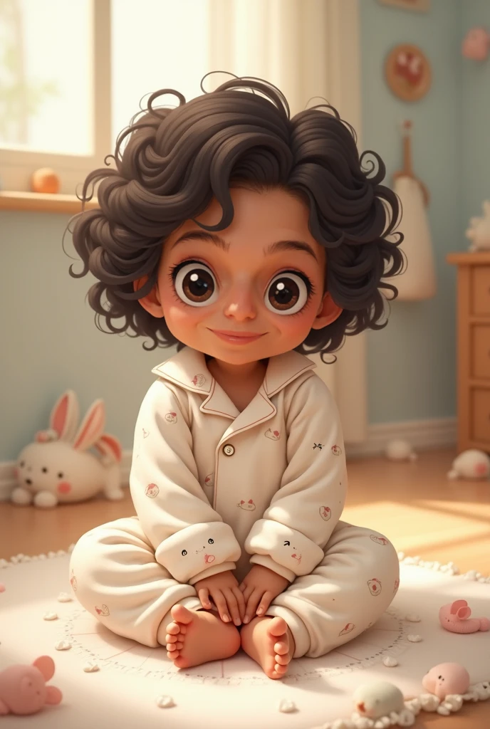 a baby with light dark eyes, black and curly hair, short hair, perfect nose, fair skin, wearing diaper, full body --auto --s2
