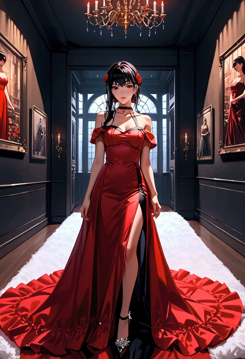 Yor Briar from Spy X Family, blood red eyes, raven black hair, red gala dress, crystal shoes, black choker, room background