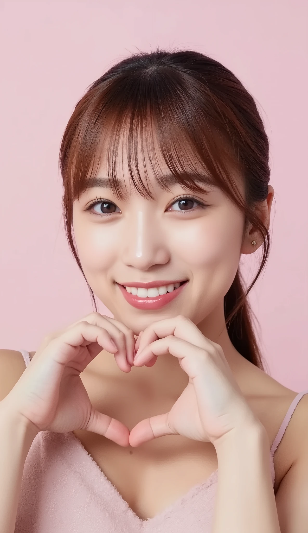      A close-up of your face is a posture wearing an attractive camisole,  Make a heart shape with both hands in front of your chest   ,    Cute Smile Up、   background is on a solid color  