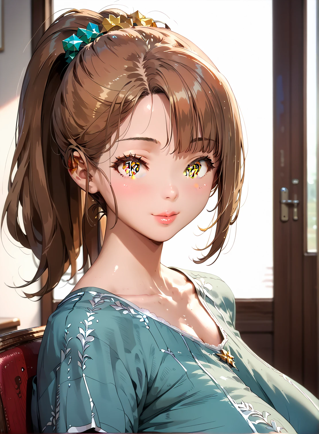 Perfect illustration, masterpiece, 16K quality, ultra-detailed, perfect quality, high school girl, cute school girl, enormous wide long breasts, dongtan dress, brown ponytail, yellow eyes, downturned eyes, innocent eyes 