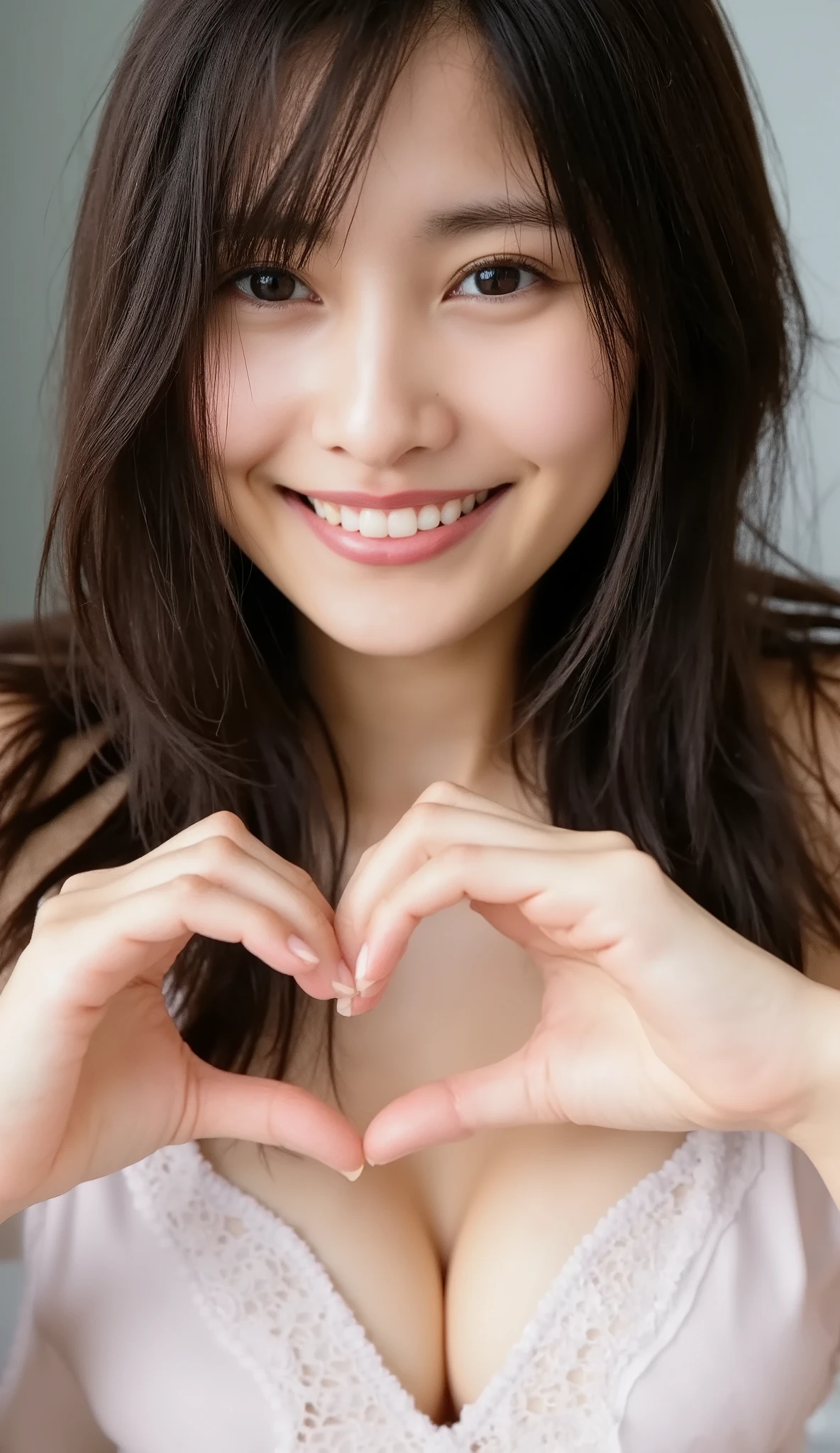      A close-up of your face is a posture wearing an attractive camisole,  Make a heart shape with both hands in front of your chest   ,    Cute Smile Up、   background is on a solid color  