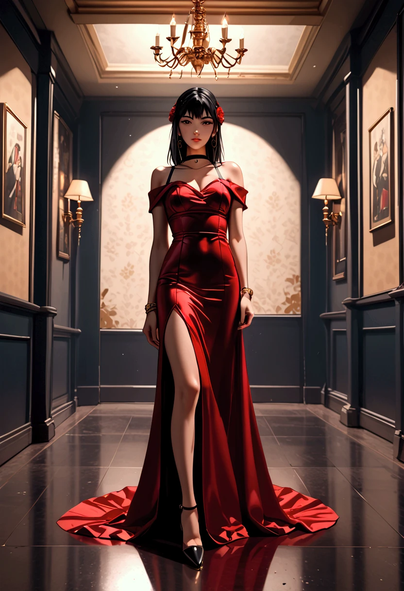 Yor Briar from Spy X Family, blood red eyes, raven black hair, red gala dress, crystal shoes, black choker, golden bracelet, room background