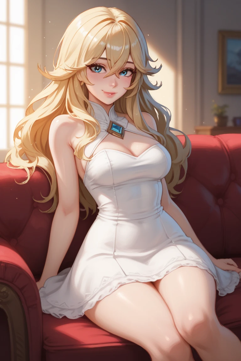 1 normal girl, 4k, HDR,  long hair, ultra cute face, beautiful lights and shadows, ultra detailed, 1girl, Solo, Breasts, Brown Eyes, Long Blonde Hair, Light blonde, Bangs, Hair Between Eyes, Messy Hair, Hair Over Shoulders, Accurate, Blush, Smile, Pink Lips, Blue Eyes,  Short White dress, Sexy Pose, Sitting on couch, Simple background,  Seductive Smile, Shy, League of Legends, Accurate, Anatomically Correct, Detail, High Quality