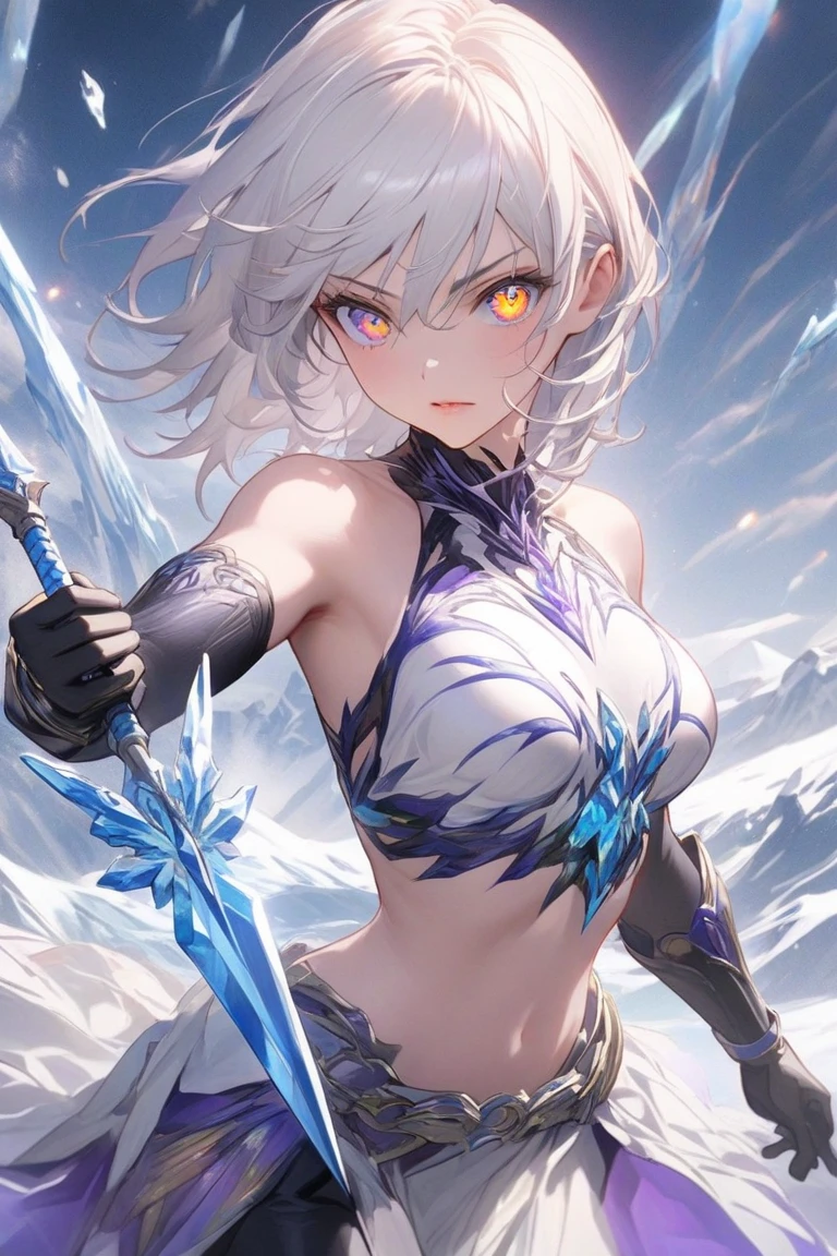 1girl, masterpiece, best quality, short white hair, blue skin, 6 pack abs, muscles, fantasy, crop top, shark teeth, cocky smile, fist wraps, water theme, fighter