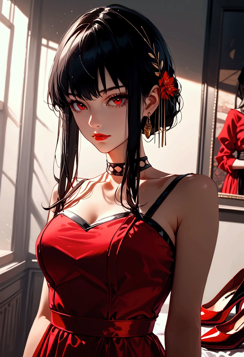 Yor Briar from Spy X Family, blood red eyes, raven black hair, red gala dress, crystal shoes, black choker, golden bracelet, lycoris radiata details, room background