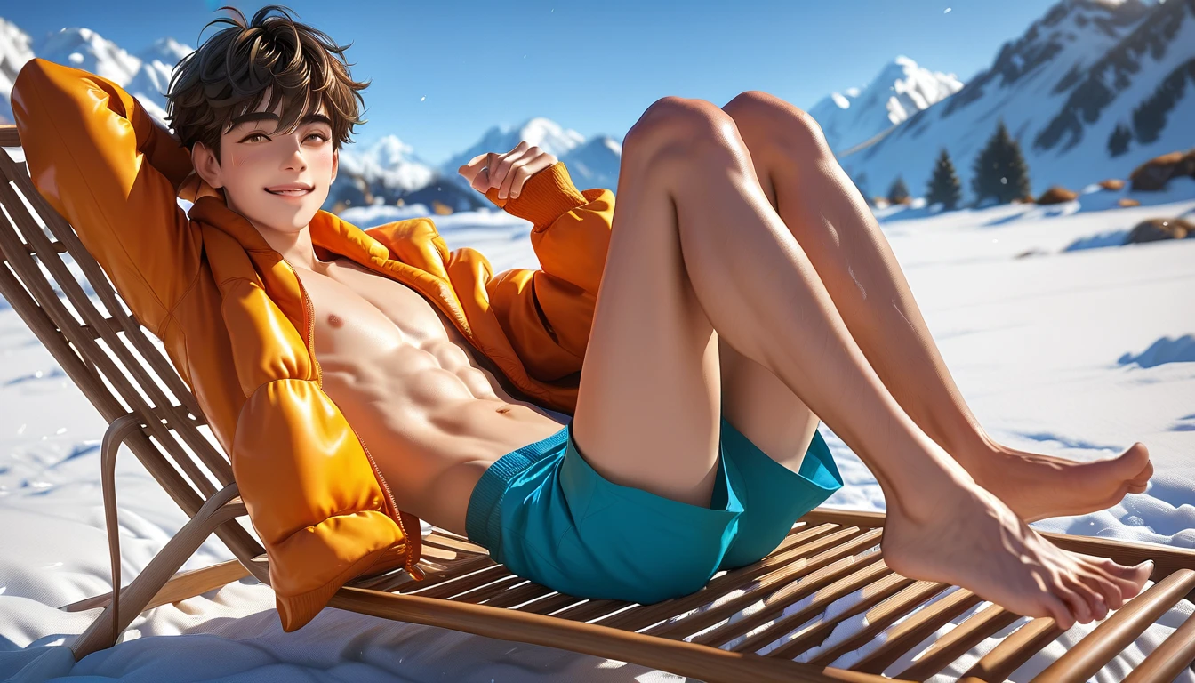 a teen boy is naked on a deck chair in a sunlit snowy landscape. He has a very skinny body and slim great abs, smooth skin, he is completely hairless, slim, 16 old , looking shy but happy, antastic emo hairtyle, great visual detail and vivid romantic colors, cute face, slim legs. , he is lying on a deck chair in a sunlit snowy landscapel, he wear only a jacket and fancy shorts