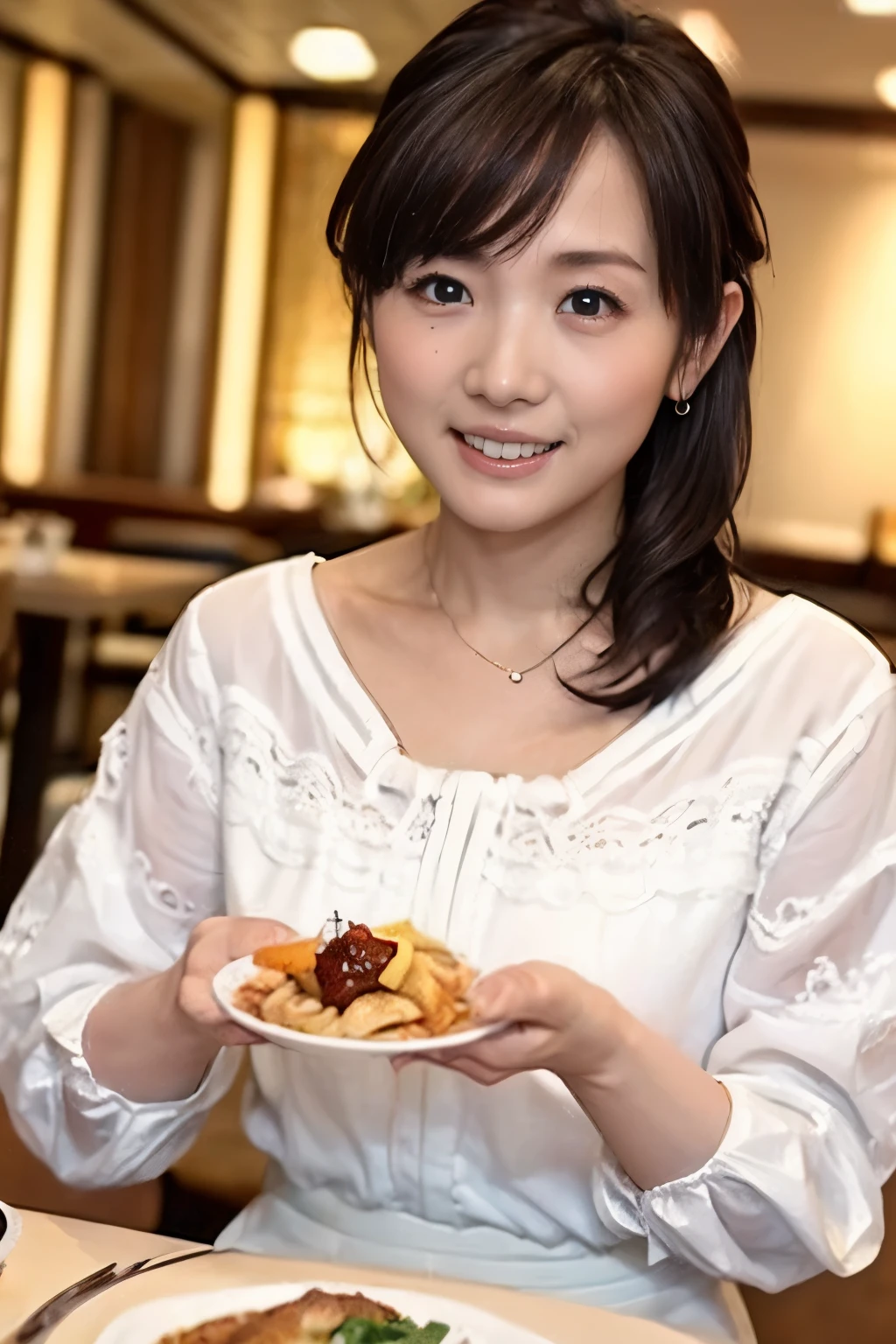 ( top quality, 8k, 32K, Masterpiece, ultra high definition:1.2), cute Japanese girl , Short Black Hair , eating at a restaurant 、bangs, Summer clothes、 slender body、Slim body、Thin arms、Age 25、 Thin Waist,