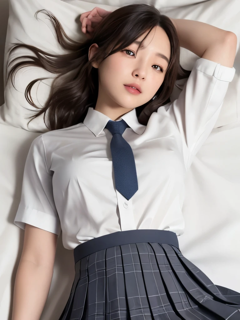 (masterpiece:1.2), super high quality, japanese girl, (super realistic), (super photographic style), 1girl, straight hair, (18 years old), large tits, (((school uniform))), lying on her back on a bed, head on the pillows, smiling, ((legs spread)),