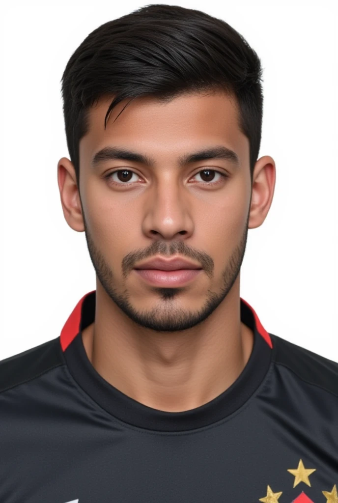 arabic-french soccer player, brown skin, short black straight hair, short beard, lot of face mole, neutral expression, 20 years old, passport photo, football manager cut out facepack style, perfectly centered, body and face aligned directly toward the camera with no tilt or rotation, gazing directly into the camera, cropped tightly from the chin to the top of the head