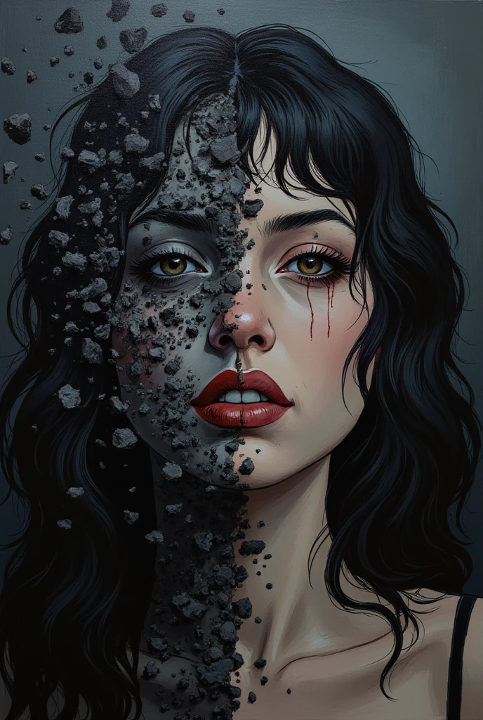 A human face with 2 halves , one half a resolute one, ((beautiful and sexy)) and the other half is decimating into ashes, ((death, morbid, macabre)), ((expressionism illustration)), (dark abstract art)