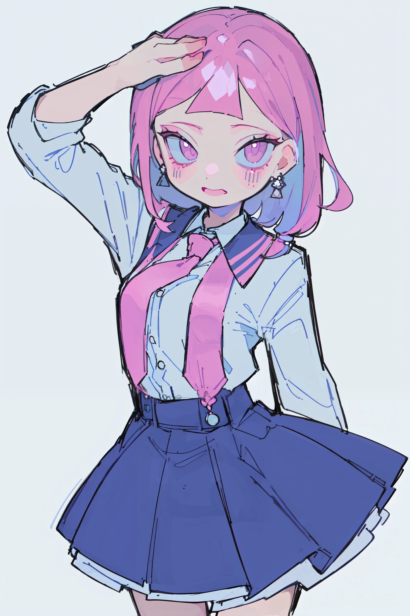 ((forehead:1.5、Standing、Earrings、Earrings、high school girl:1.5、uniform:1.5、school uniform:1.5、Dress shirt、Long tie、Checked mini skirt、low angle shot:1.5、arms up:1.5、frontal face:1.5、A calm face、Pink Hair、Northern Europe、White、beautiful girl:1.5、Pink Hair、White background、cute、Young、True Face、Shiny Hair、whole body))、overweight:1.5、masterpiece, best quality, ultra detailed, hyper detailed, beautiful, woman, medium shot, from front:1.5, leaping figure composition, midday, in focus with blurred background、 highest quality, figure, super detailed, finely, High resolution, 8k wallpaper, Perfect dynamic composition, detailed and beautiful eyes, Deco out,bionde, big breasts, Natural color lip,white background, random cute poses