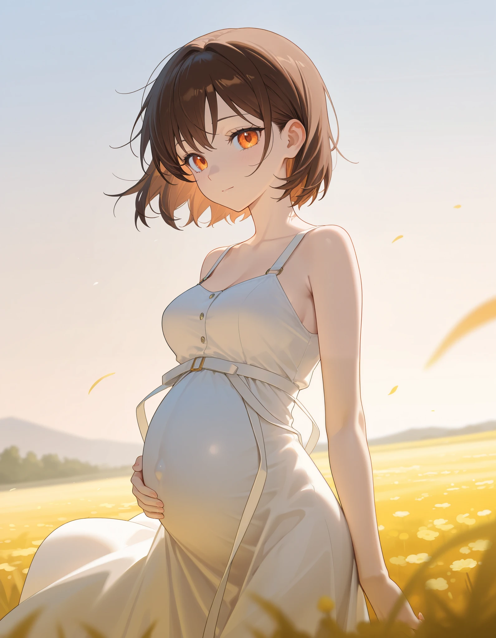 In a peaceful garden, a pregnant woman of a girl with a big belly stands gracefully. She radiates happiness and contentment as she carries the miraculous gift of life. Her beautiful detailed eyes shine with excitement and anticipation. Her lips, delicate and full, curve into a gentle smile. The woman's round belly is prominently featured, symbolizing the upcoming arrival of two precious lives. The scene is captured in a realistic and photorealistic manner, showcasing the best quality and ultra-detailed rendering. The colors are vivid, enhancing the joyful atmosphere of the garden. Soft, natural lighting illuminates the woman's serene face and accentuates the tender curves of her body. The artwork is created with the medium of oil painting, adding depth and texture to the portrait. The artist pays meticulous attention to every line and brushstroke, ensuring that the viewers can appreciate the masterpiece in its high resolution.