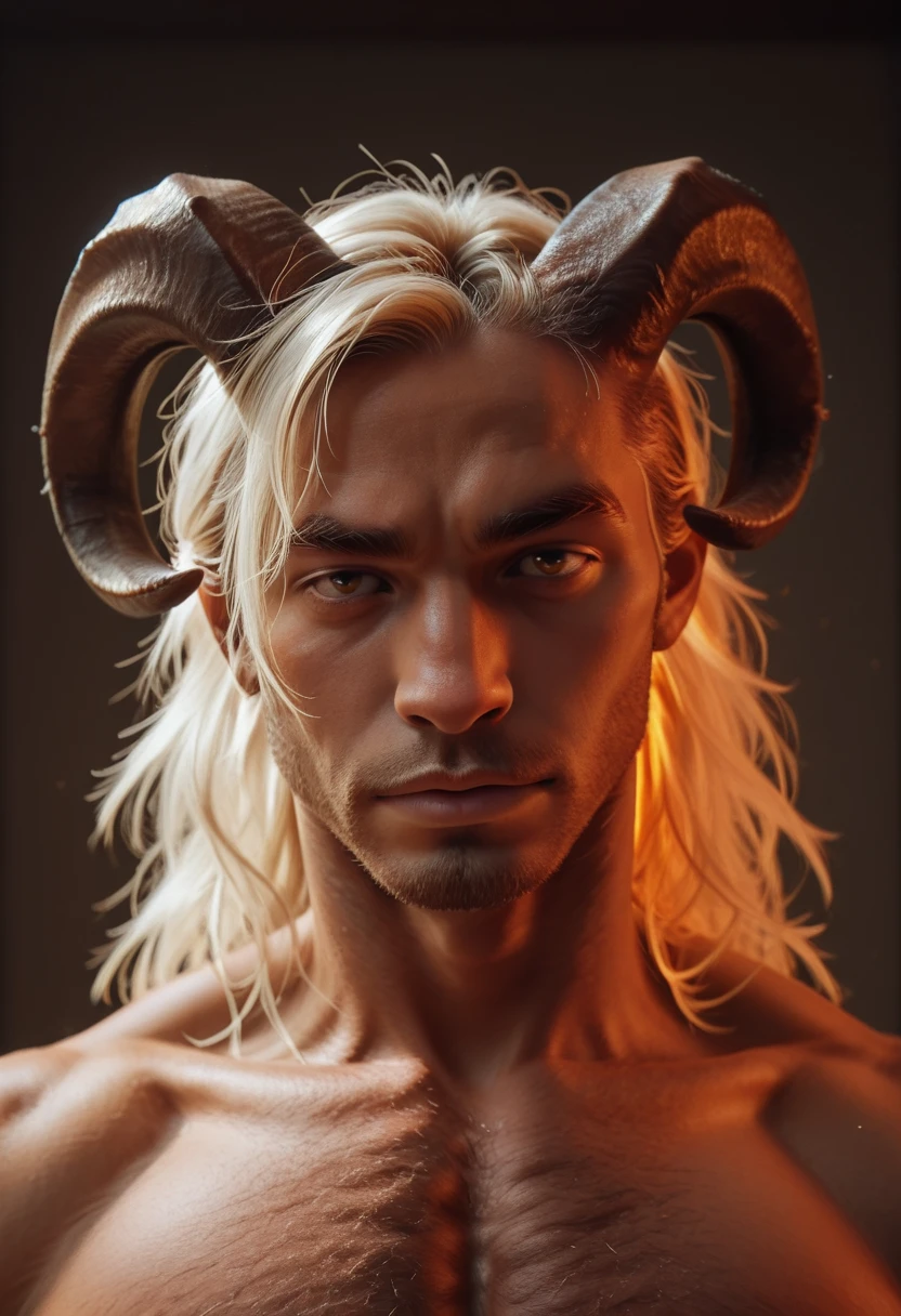 (masterpiece), 1man, solo, best quality, expressive eyes, perfect face, newest, perfect anatomy, flawless face, dark skinned Male, half man half goat, ram horns growing out of his head, strong build, fiery eyes, passionate and strong look, strong pose, defined and tone physique, aries, minotaur, absurdres, very aesthetic, backlighting, backlit