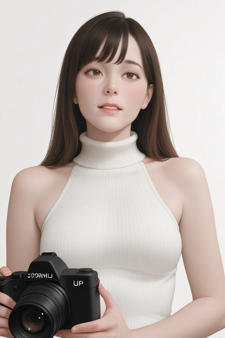 Japanese woman, cute, looking at camera, bust up, moist eyes, white skin, brown eyes, white high neck sweater, long black-brown hair, realistic human, scornful expression, small bust, white background