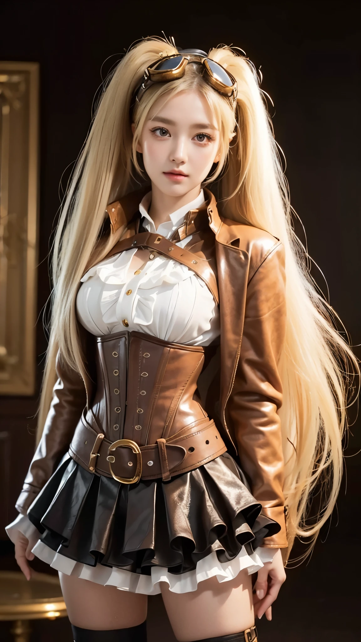 girl with long twin tail hairstyle, golden blonde hair, long hair, brown leather jacket, corset, goggles on her hair, white buttoned shirt, brown skirt, beautiful face, pretty face, beautiful eyes, beautiful nose, raytracing, beautiful fingers, beautiful hands, full body photoshoot, pretty makeup, perfect anatomy, good lighting, professional photoshoot, sharp eye, fresh lips, steampunk style, photorealistic, 8k, HDR, ultra-detailed, highly detailed face, extremely detailed eyes and lips, beautiful detailed eyes, beautiful detailed lips, long eyelashes, sharp focus, vivid colors, studio lighting, physically-based rendering, cheerful, playful,