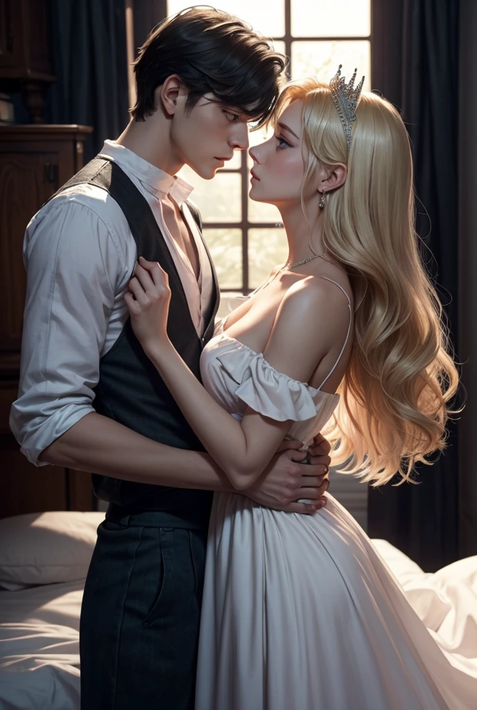 2 contrasting characters, a short young blonde princess and a tall black haired young man in a midnight scene. The princess is an ice queen with fair skin, very long GOLDEN hair, DARK FRESH wavy hair, stunning BLUE eyes, PINK IRISES, wearing a graceful white dress, a white slip dress and an innocent look. The young man is taller, with short black hair and a dangerous look. In this romantic and emotional scene, they hold each other tightly and look at each other longingly