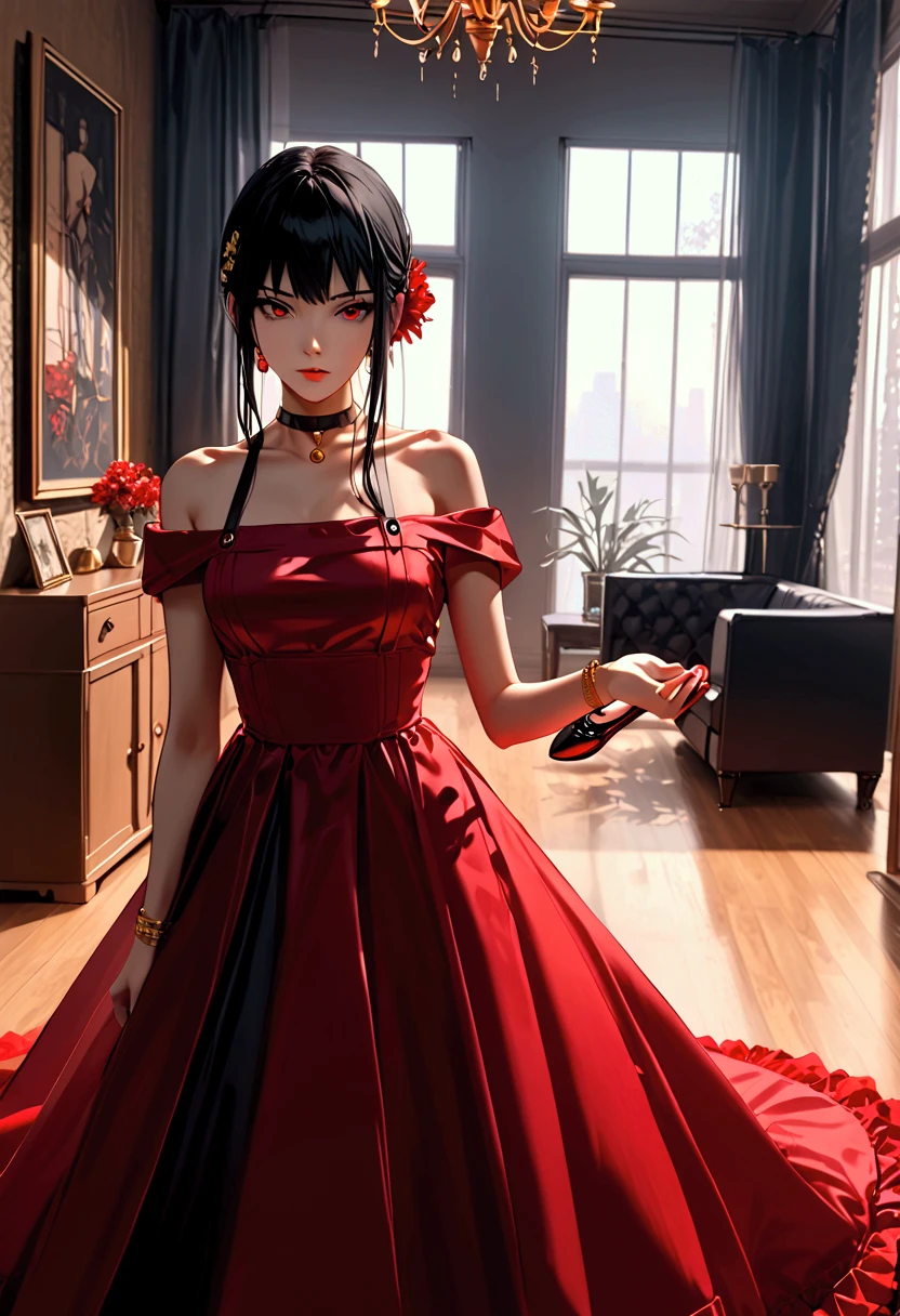 Yor Briar from Spy X Family, blood red eyes, raven black hair, red short gala dress, crystal shoes, black choker, golden bracelet, lycoris radiata details, room background