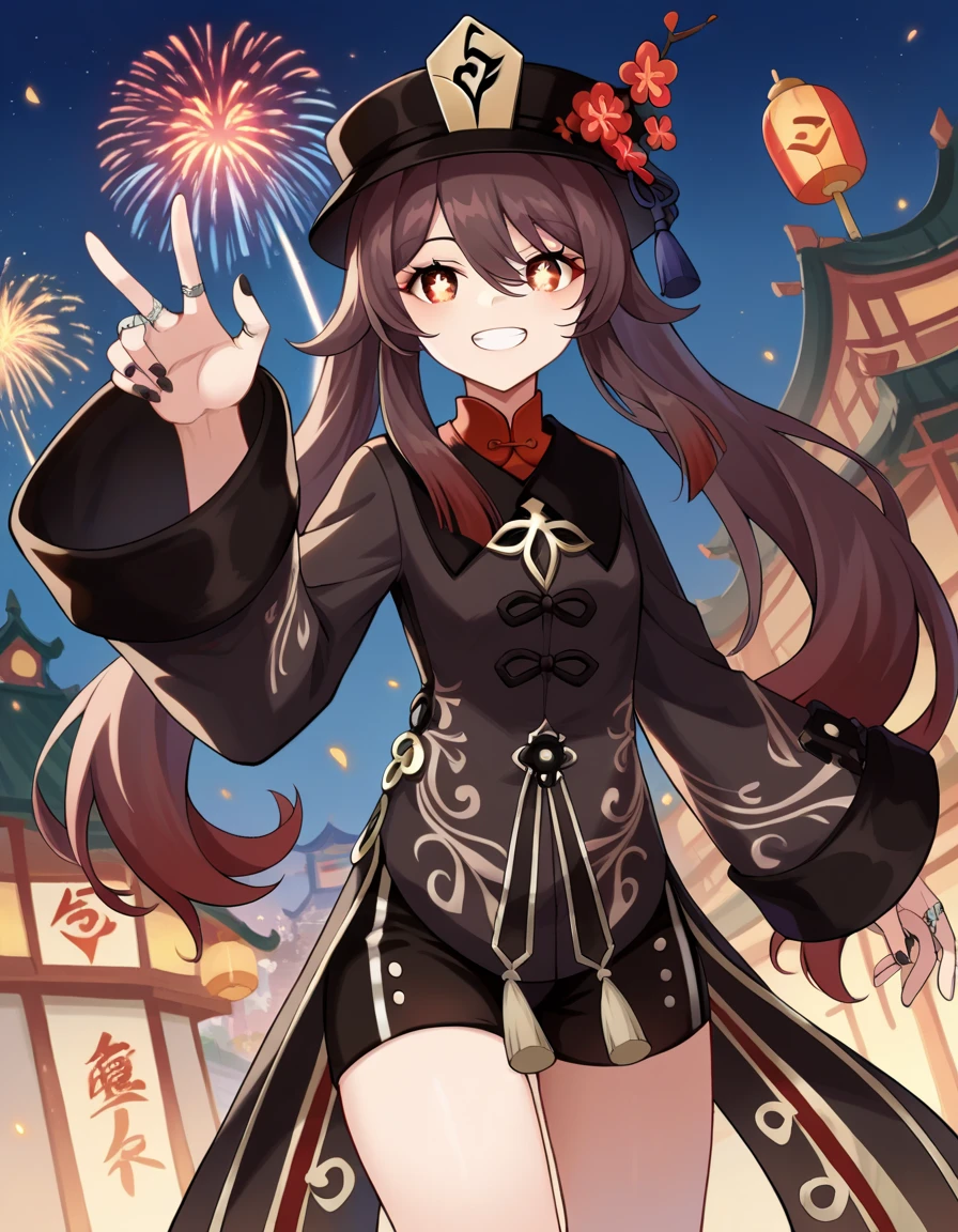 score_9, score_8_up, score_7_up, source_anime,
hutao, hutao, long hair, bangs, brown hair, red eyes, hair between eyes, twintails, sidelocks, symbol-shaped pupils, smile, grin,
long sleeves, hat, jewelry, flower, shorts, wide sleeves, coat, chinese clothes, black shorts, ring, black nails, hat ornament, hat flower,
outdoors, fireworks, festival,
looking at viewer, cowboy shot, dutch angle, dynamic pose,