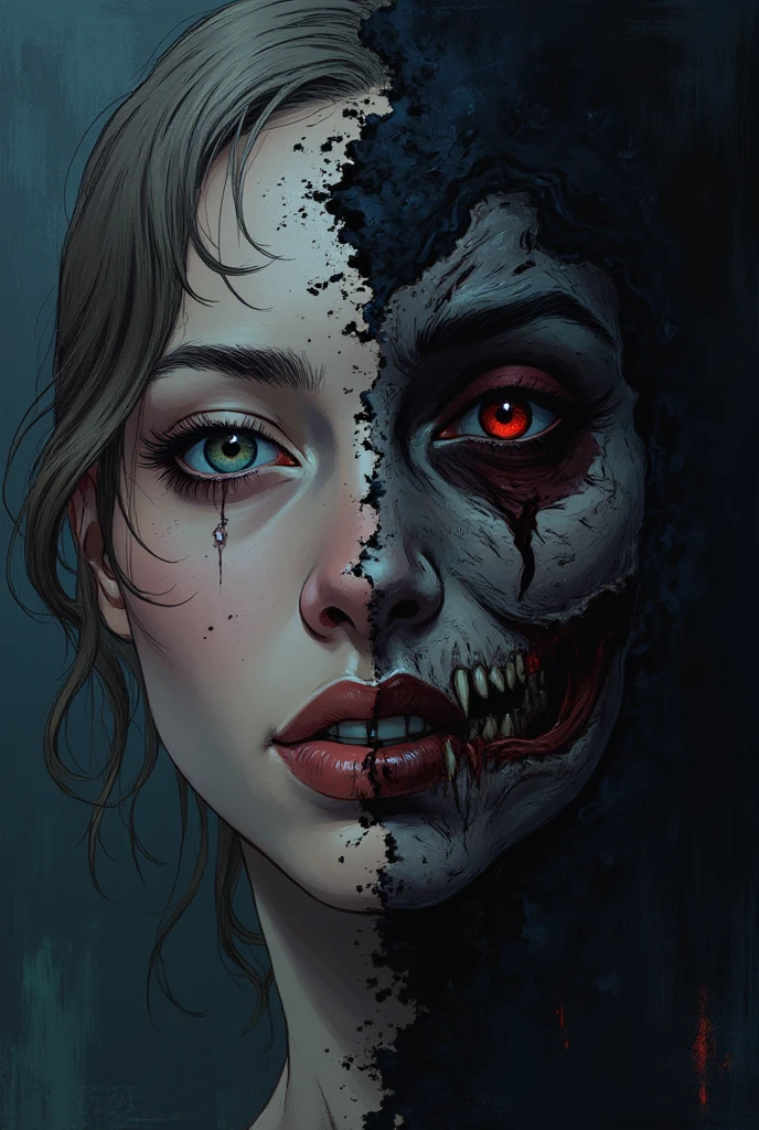 A human face with 2 halves , one half a resolute one, ((beautiful and sexy)) and the other half is decimating into ashes, ((death, morbid, macabre)), ((expressionism illustration)), (dark abstract art), ((disturbing art))