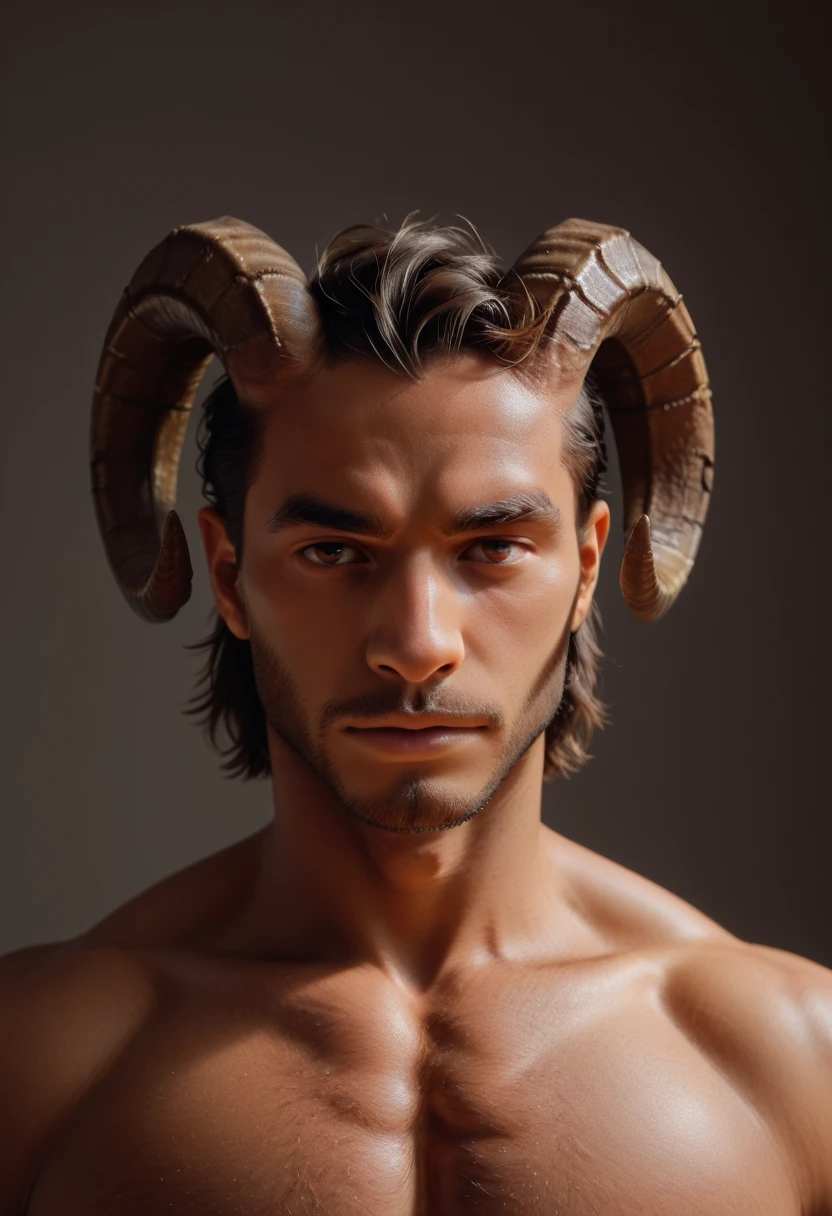 (masterpiece), 1man, solo, best quality, expressive eyes, perfect face, newest, perfect anatomy, flawless face, dark skinned Male, half man half goat, ram horns growing out of his head, strong build, fiery eyes, passionate and strong look, strong pose, defined and tone physique, aries, looks like a ram or goat, absurdres, very aesthetic, backlighting, backlit, regal or egyptian setting