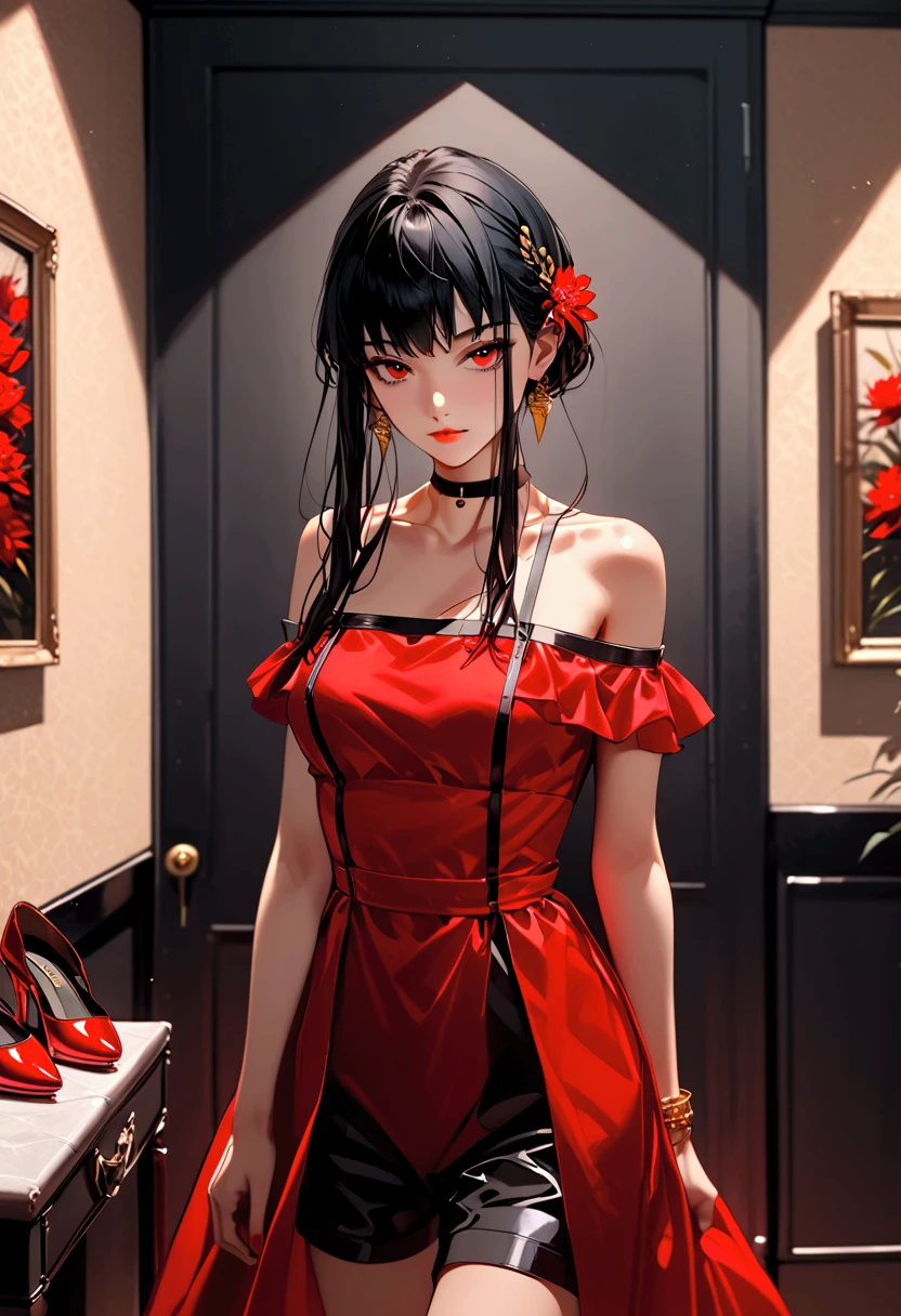 Yor Briar from Spy X Family, blood red eyes, raven black hair, red gala dress with shorts, crystal shoes, black choker, golden bracelet, lycoris radiata details, room background