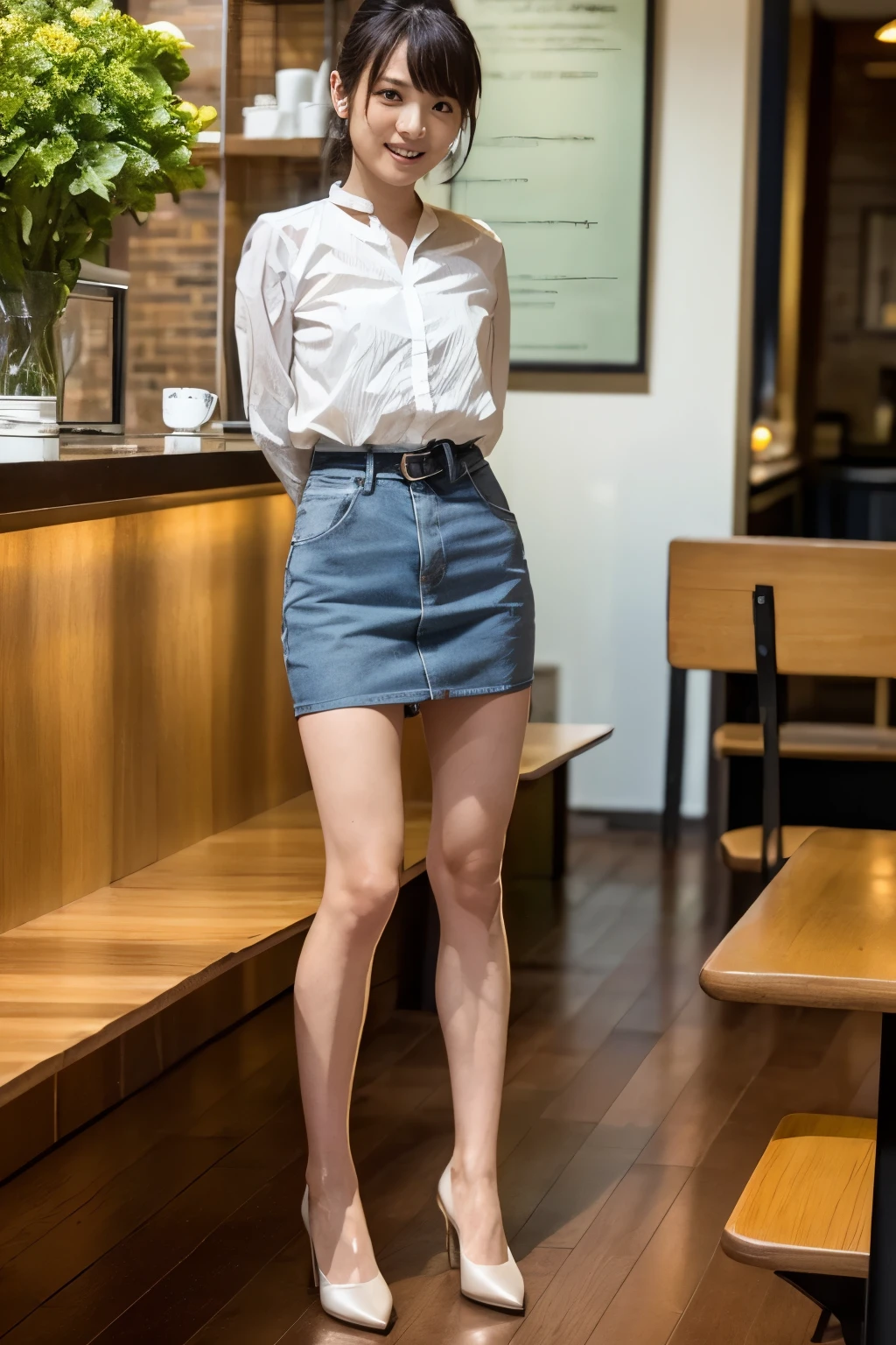 ( top quality, 8k, 32K, Masterpiece, ultra high definition:1.2), cute Japanese girl , Short Black Hair ,Eat at a cafe 、bangs, Summer clothes、 slender body、Slim body、Thin arms、Age 25、 Thin Waist, upper body