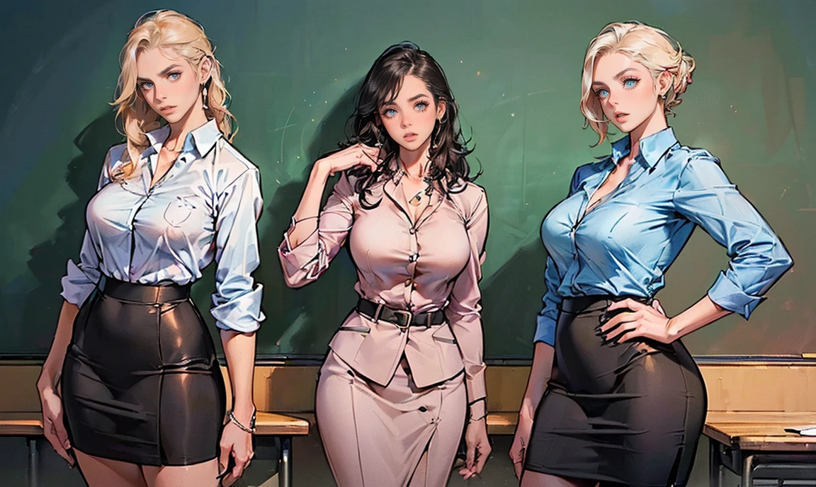 （Enrich the picture，Masterpiece level quality）Beautiful 8K CG artwork，Goddess-like posture，Kneeling exercise，Slim and soft，Translucent skin，with blonde hair、The beauty of extra-long hair, Super Long Straight Hair，The skin is fair and juicy，Underwear miniskirt uniform，Perspective Part 1.2x enhanced silhouette effect，Exquisite transparent blues pattern in pajamas，The details are intricate and exquisite，The background is slightly blurred，Charming and lustful leg seduction，Drool，Q cuplush，Scandinavian goddess，Perfect body slim curves，Scene by the sea，The shirt is fully open: 1.4, The chest is completely open, Shirts are worn over underwear, (Shirts are worn over underwear: 1.3),absurderes, 8K ,A high resolution, Ultra detailed, Beautiful, Masterpiece, Best quality, (Beautiful and delicate silver eyes), (3girl) ,Three sexy beautiful teens in office OL (Office Lady),white button-down blouse，There is a collar,Black Slit Skirt,(Black pantyhose),Long legs ,Detailed legs,High heels,Side ponytail , bangs,full body, lesbian,Big breasts,cleavage,Cyan hair，Black hair，Blush，