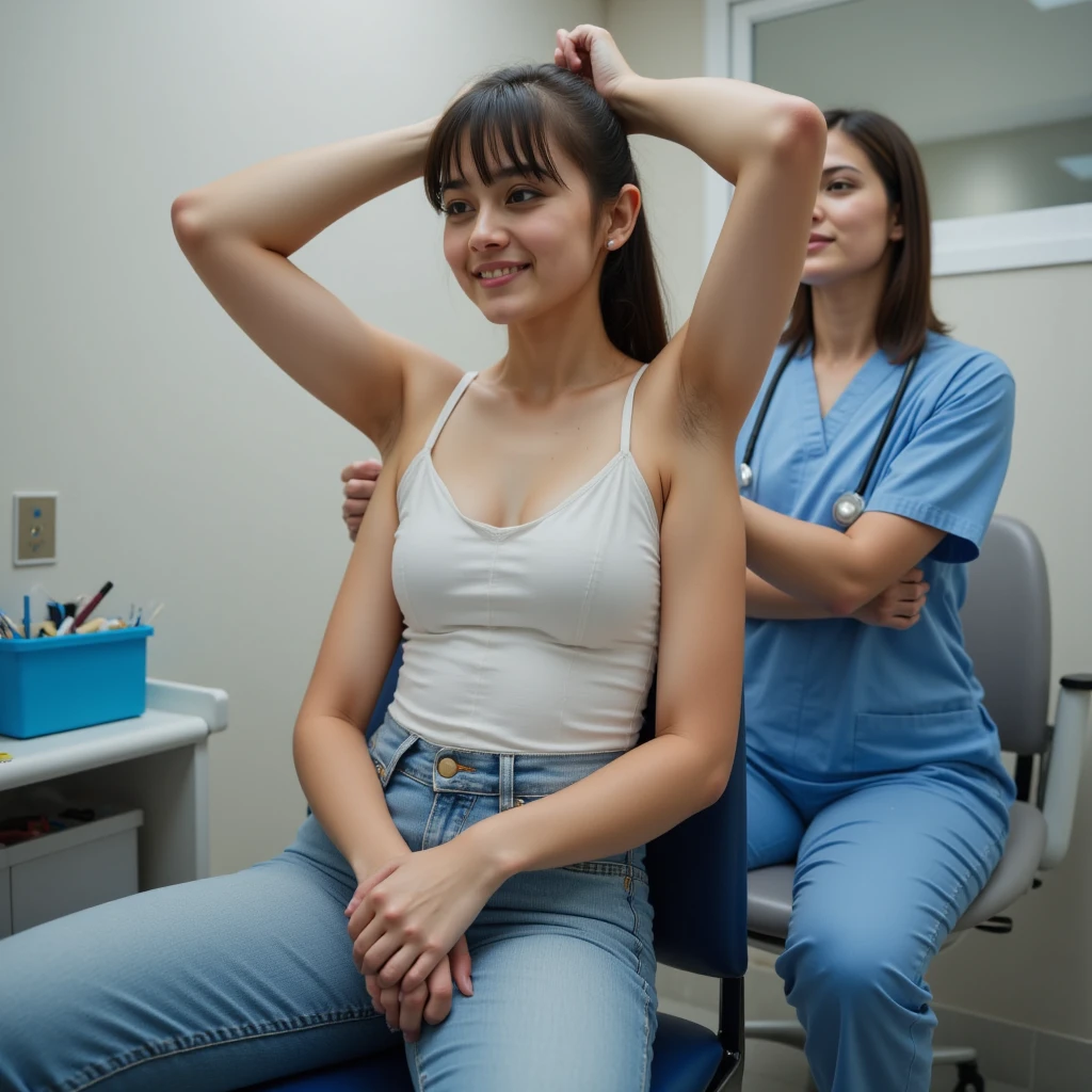 dslr photo, photograph, nikon, solo, 1girl, pretty woman, bdsm, a four-armed young indian woman is sitting in a doctor's office exam room, (indian teen woman), (zoomed out), full body view, the four-armed woman is sitting on a chair waiting for the doctor as a nurse examines her, she is raising her top arms above her head while she looks at her lower hands, she is wearing a spaghetti strap tank top that allows her four shoulders room and her long hair is tied into a ponytail, bangs, (wide shoulders), (woman with four arms), (four arms), (four shoulders), (two legs), side view