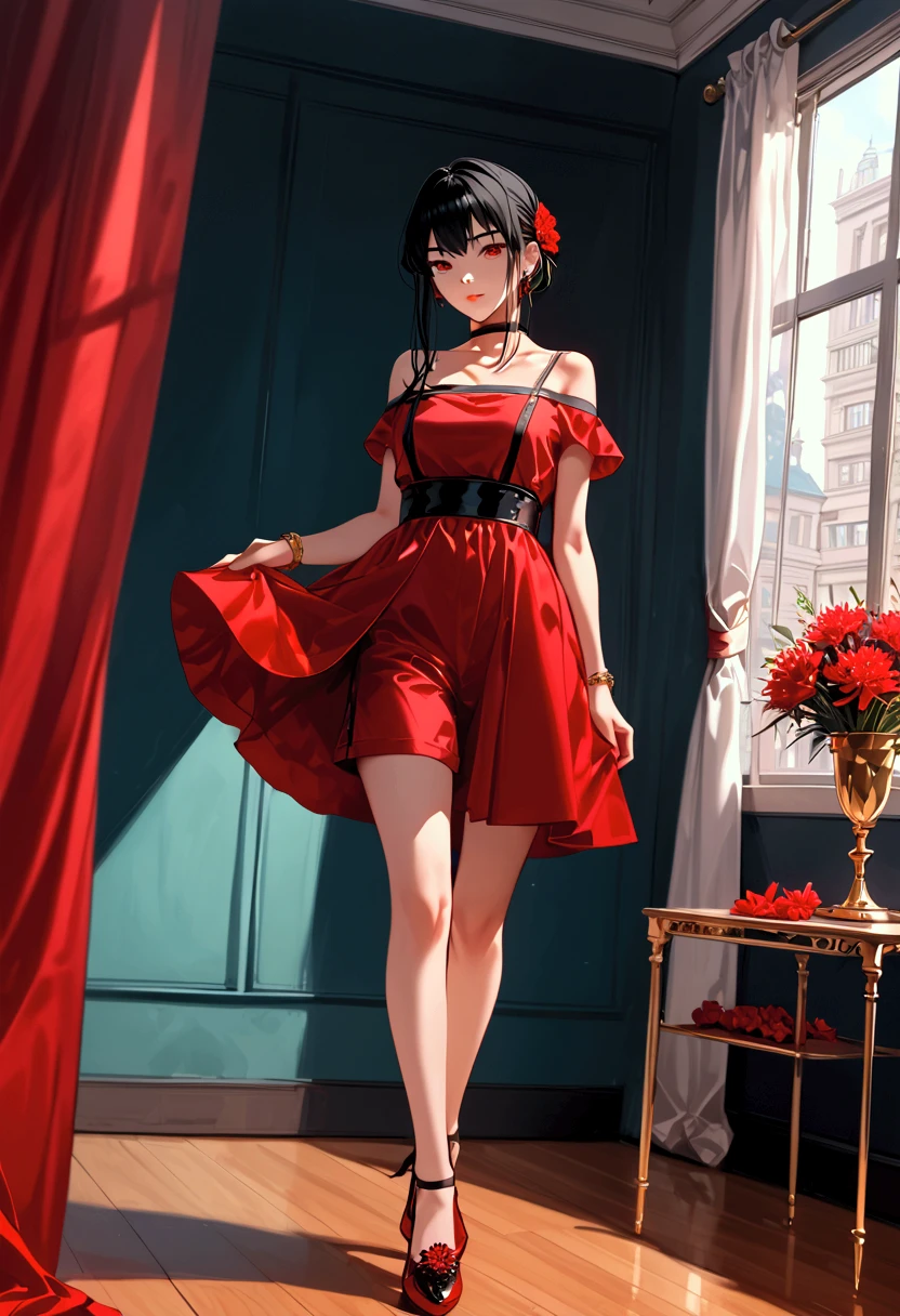 Yor Briar from Spy X Family, blood red eyes, raven black hair, red gala dress with safety shorts, crystal shoes, black choker, golden bracelet, lycoris radiata details, room background