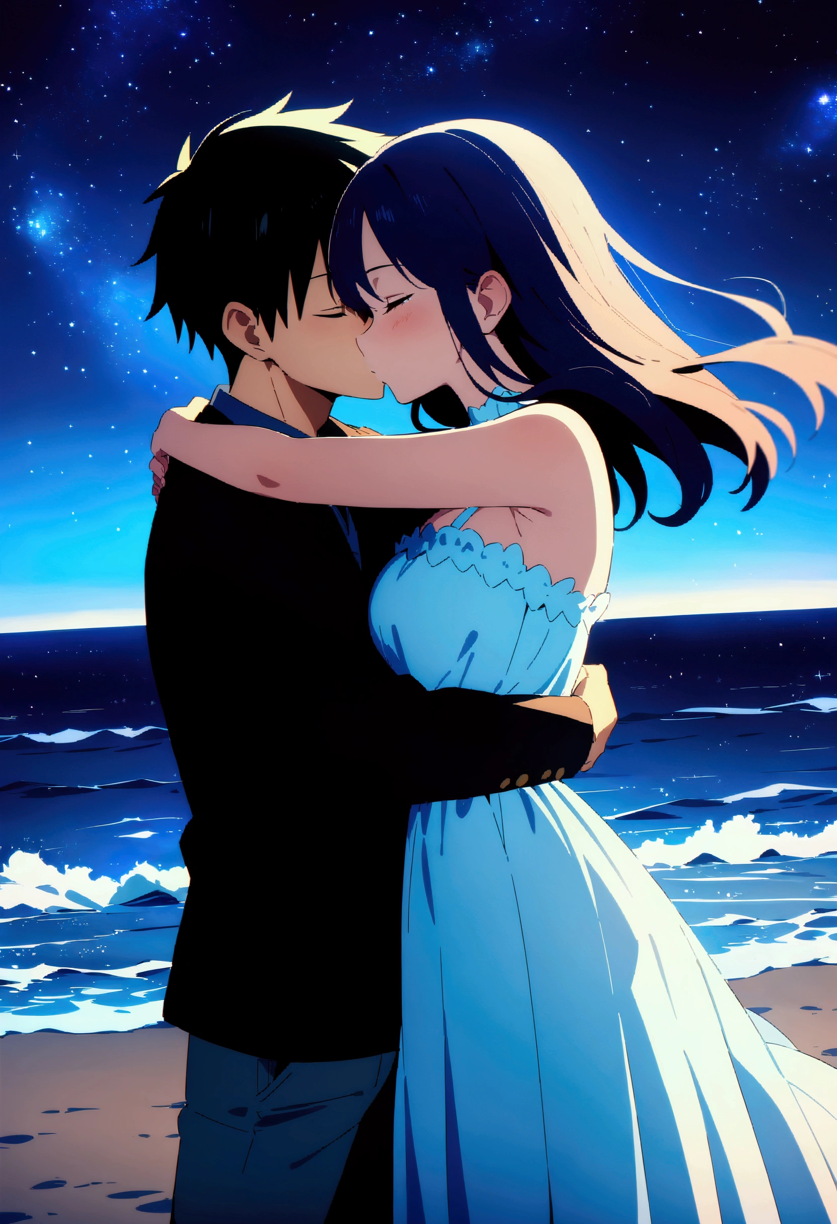 Luffy and Robin are alone ...From the anime " dress", hugging each other while passionately kissing, On a Starry Night at the Sea . absurdres, high definition, ultra sharp , 8k masterpiece .