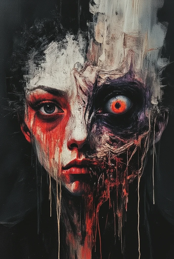 A human face with 2 halves , one half a resolute one, ((beautiful and sexy)) and the other half is decimating into ashes, ((death, morbid, macabre)), ((expressionism illustration)), (dark abstract art), ((disturbing art))