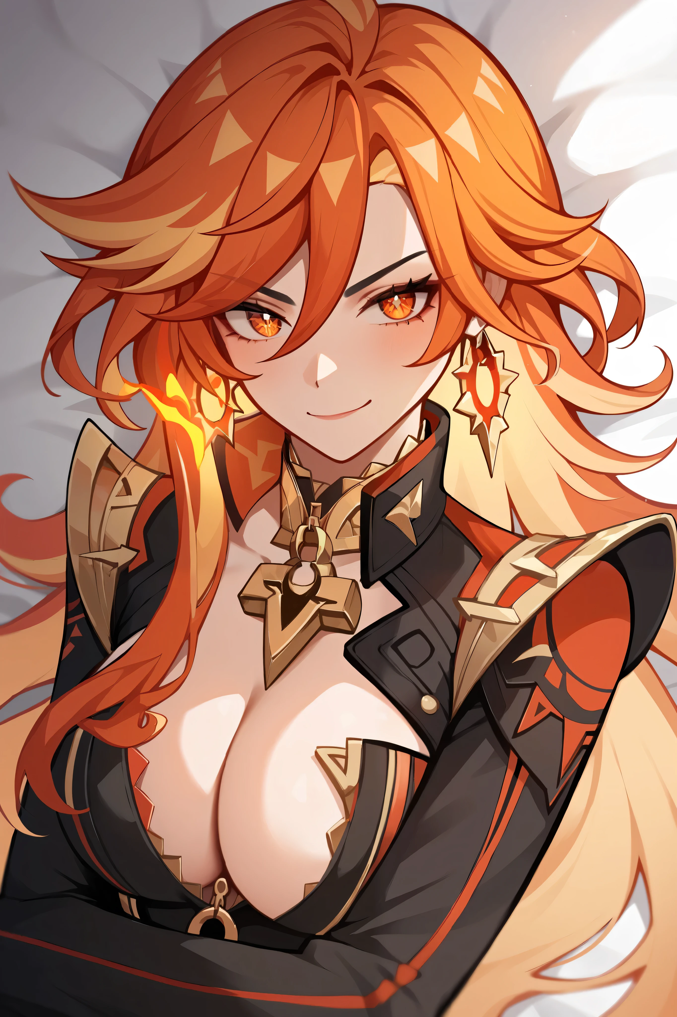 score_9,score_8_up,score_7_up,    Ï¼ æ1girl , absurdres ,  other skin color , ,   cleavage  , A suit with an unbuttoned collar , comic,  black woman ,   with collar separated , english commentary, fiery hair, fire,  hair between eyes , hair up,  high definition ,  long hair,  long sleeves,  looks at the viewer  , (genshin impact),  orange eyes ,  orange hair ,  partially unbuttoned , shade, shoulder pads,  simple background, smirk, One,  swept bangs,  is lying on the bed,  big ass ,  big breasts ,  lies down shows its big ass to the viewer.