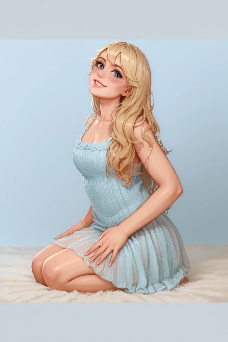 1 normal girl, 4k, HDR,  long hair, ultra cute face, beautiful lights and shadows, ultra detailed, 1girl, Solo, Breasts, Brown Eyes, Long Blonde Hair, Light blonde, Bangs, Messy Hair, Hair Over Shoulders, Accurate, Blush, Smile, Pink Lips, Blue Eyes, League of Legends, Accurate, Anatomically Correct, Detail, High Quality