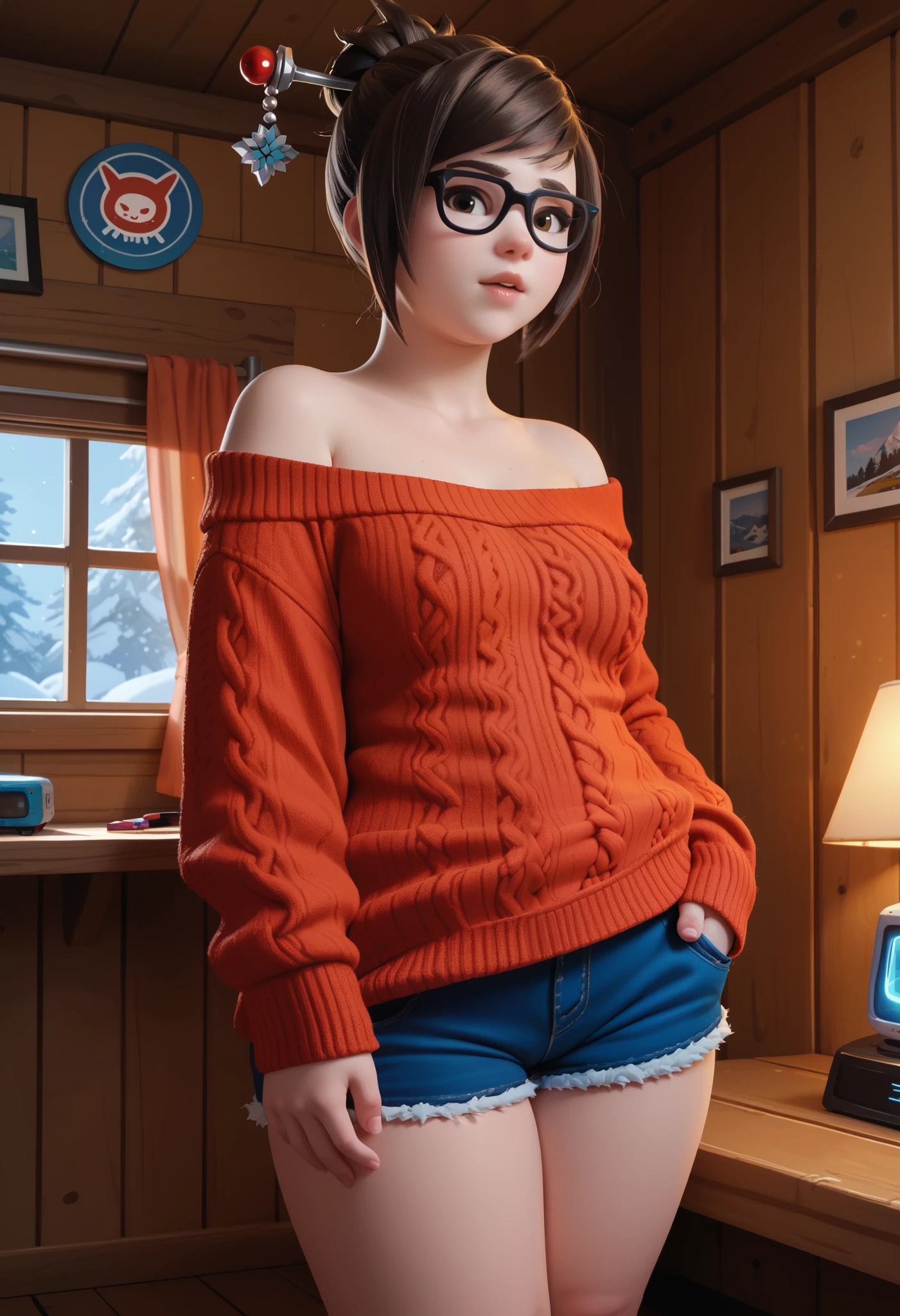 Masterpiece, 8k quality, extremely detailed,mei, Overwatch, detailed face, inside cabin snow background, plump body, glasses, off the shoulder sweater, shorts
