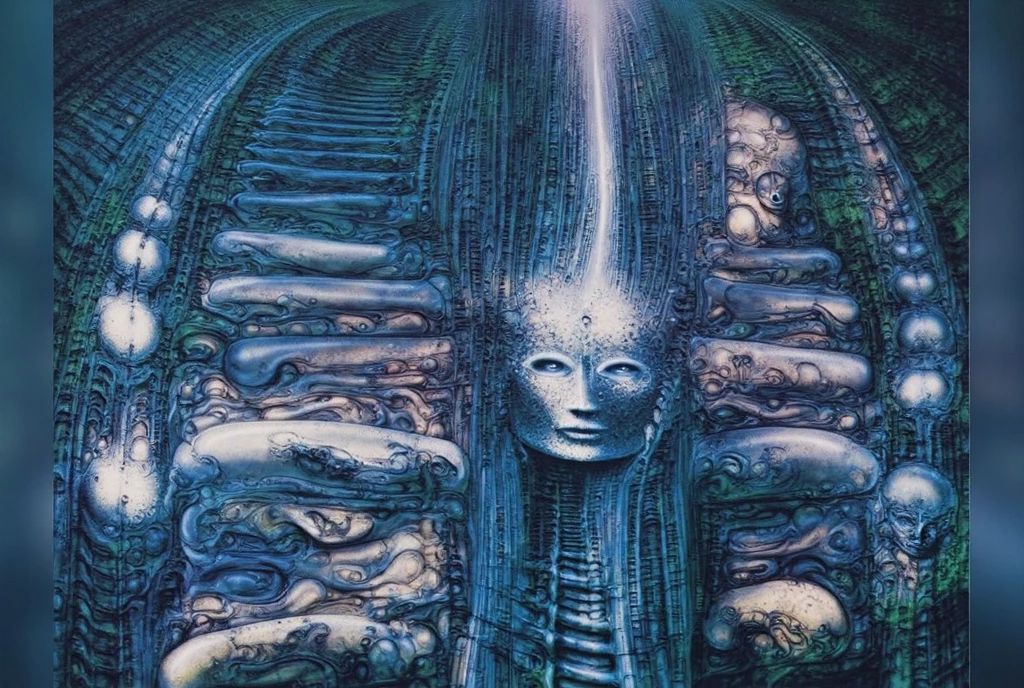 The space in this H.R. Giger-esque image is formed through a complex interplay of several visual techniques, creating a claustrophobic, layered, and ambiguous environment. Space in this image is formed by a combination of overlapping forms, lack of traditional perspective, flowing curves, high detail, ambiguous scale, and subtle lighting. These techniques work together to create a unique and unsettling spatial experience that is characteristic of Giger's work: a claustrophobic, organic, and biomechanical environment that feels both alien and strangely familiar.
 The most dominant feature is the dense overlapping and interweaving of organic and mechanical forms. Figures, pipes, tubes, and other structures merge seamlessly, making it difficult to distinguish where one ends and another begins. This creates a sense of depth and layers, but also contributes to the claustrophobic feeling as there's little empty space.
 There's no clear horizon line or defined vanishing point to establish traditional perspective. This further adds to the sense of disorientation and makes it difficult to gauge the scale and distance of the elements within the image. The space feels compressed and undefined.
Giger frequently uses smooth, organic curves and contours that flow into each other. These curves create a sense of movement and dynamism, but also further blur the boundaries between objects and spaces. The eye is led through the image along these curves, but there's no clear destination or resting point.
 The high level of detail and intricate textures across the entire image contributes to the sense of density and complexity. There are few areas of smooth, flat color or empty space. This creates a visually rich environment, but also makes it difficult for the eye to find a focal point or establish a sense of spatial hierarchy.
 The scale and proportion of the elements are often ambiguous. It's difficult to tell how large or small the figures and structures are in relation to each othe