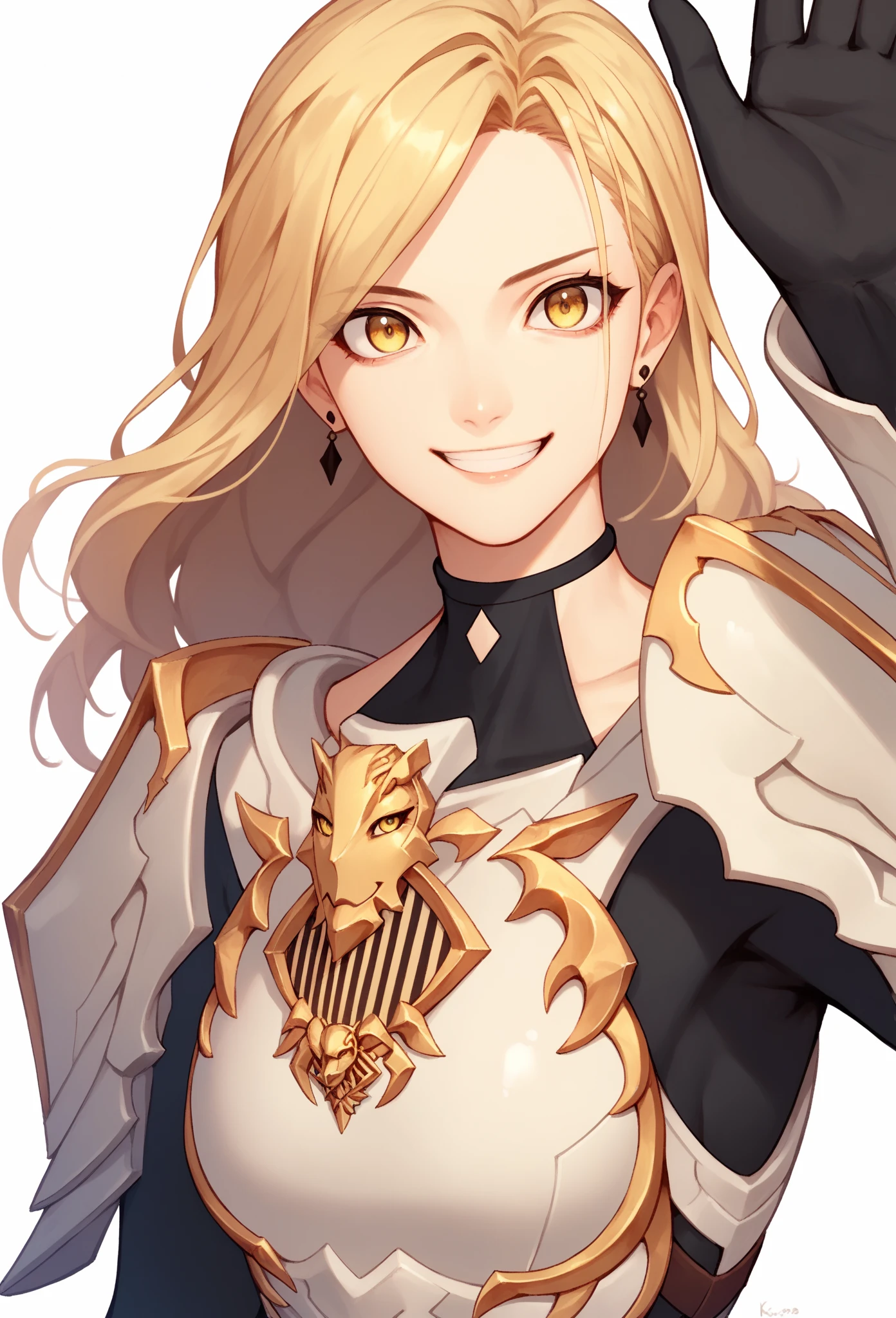 score_9, score_8_up, score_7_up, score_6_up, score_5_up, score_4_up, BREAK,
1girl, kisara, blonde hair, long hair, yellow eyes, earrings
armor, bodysuit, gloves, shoulder armor,
waving, smile, looking at viewer, solo, simple background, white background