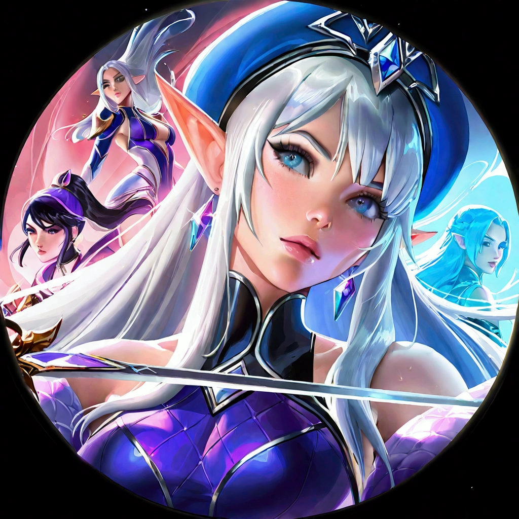 a woman with a blue hat and a purple dress holding a sword, astri lohne, qiyana, kda, alluring elf princess knight, irelia, ashe, character icon, ability image, sakimichan, xianxia hero, avatar image, heise jinyao, eora, artgerm lau, wild rift