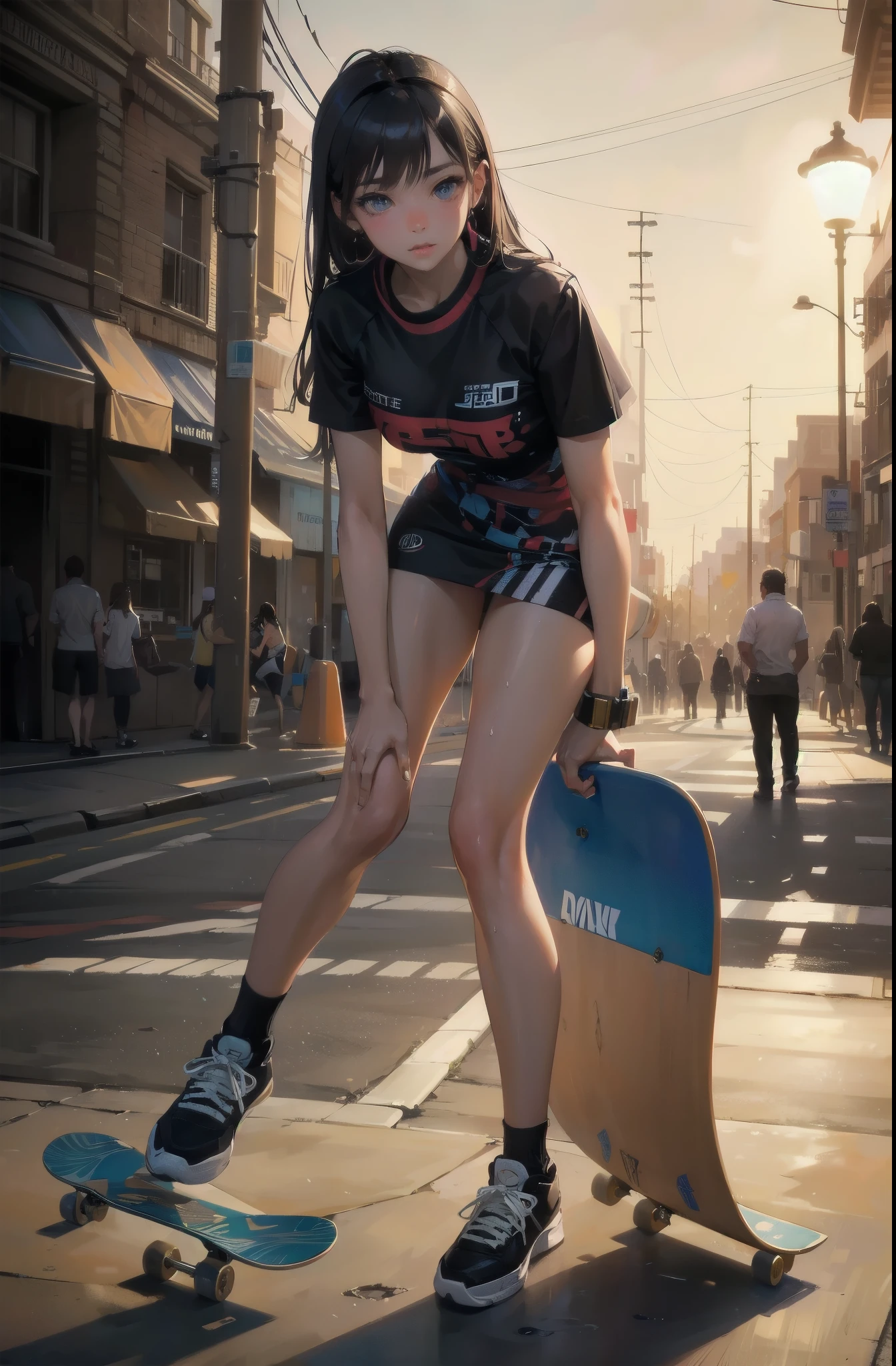 (Best Quality, masutepiece),ultra detailed photographic,1girl in, female skateboarder ,Large breasts,nice legs,Shoot the ball,At the skateboarding venue,Detailed beautiful face,Beautiful eyes,detailed hairs,detailed  clothes,Detailed realistic skin,Cool,Dynamic Angle,