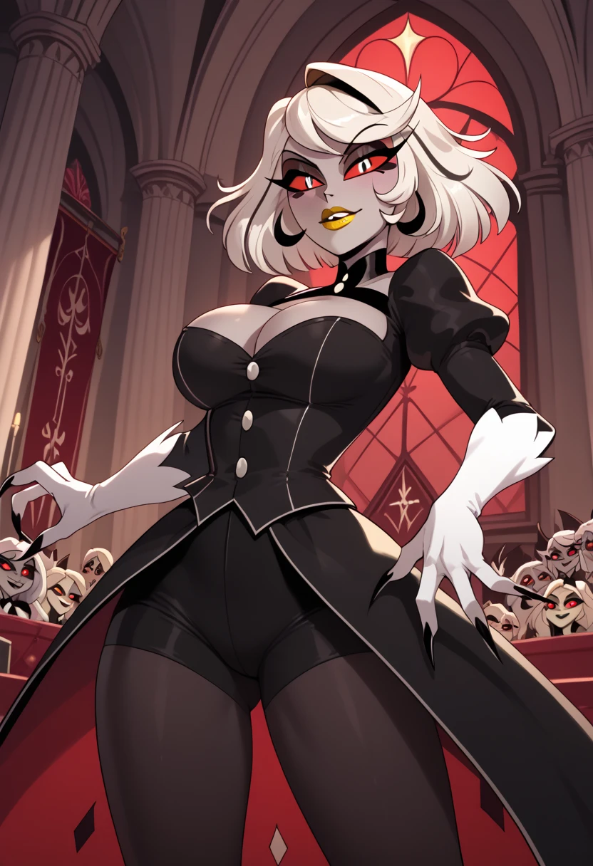 Carmilla, yellow lipstick, eye makeup, red sclera, white iris, slit pupil, hair two high cones, red eyes, giant monster white hands, four fingers, big breasts, claws, mansion, dark atmosphere. dancing, black tights, Hazbin Hotel, Carmilla Carmine 