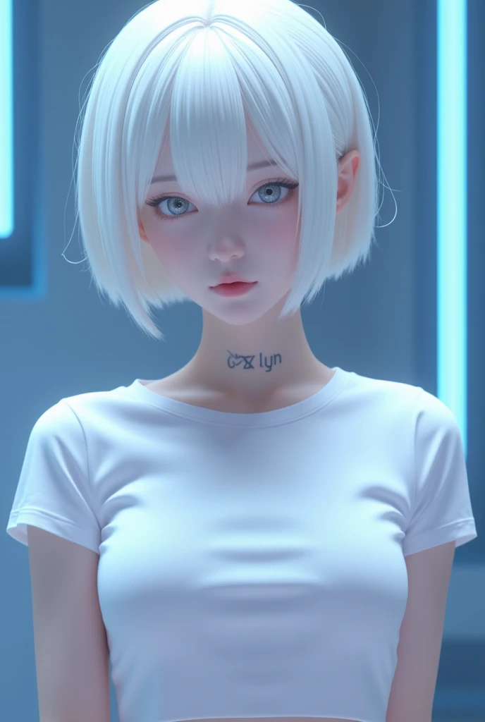 blond haired girl with blue eyes and a white shirt posing for a picture, portrait anime space cadet girl, wearing netrunner clothing, perfect android girl, ross tran style, anime styled 3d, girl with short white hair, anime inspired, anime style, loish |, portrait a woman like reol, realistic anime 3 d style, zero suit samus