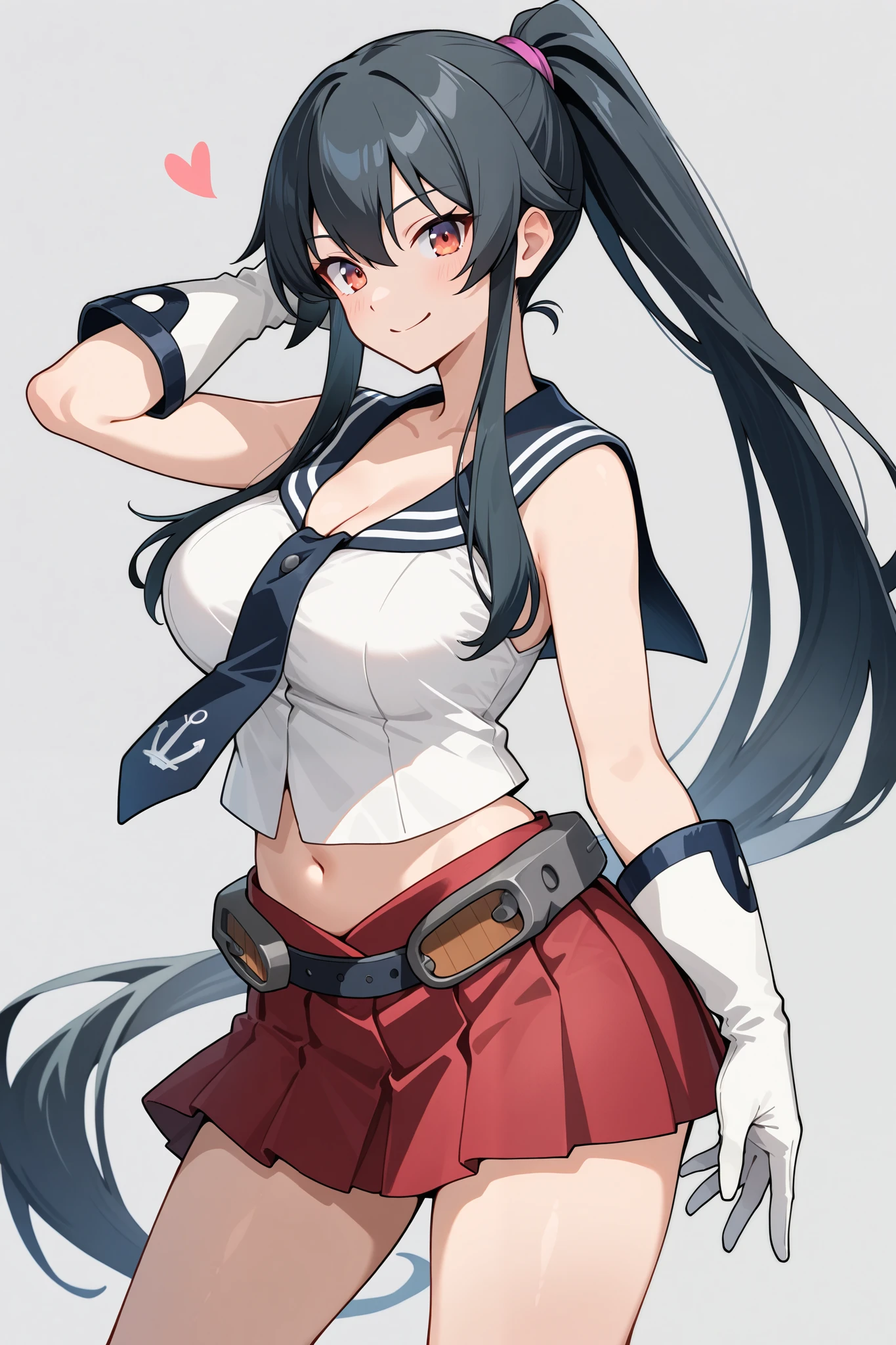 1girl, yahagi\(kancolle\), kantai collection. An illustration of a girl with long black hair and red eyes. She is wearing a serafuku and miniskirt. sensitive, contrappsto, looking at viewer, ponytail, red eyes, breasts, cleavage, serafuku, miniskirt, smile, simple background, white background, masterpiece, best quality, very aesthetic, absurdres